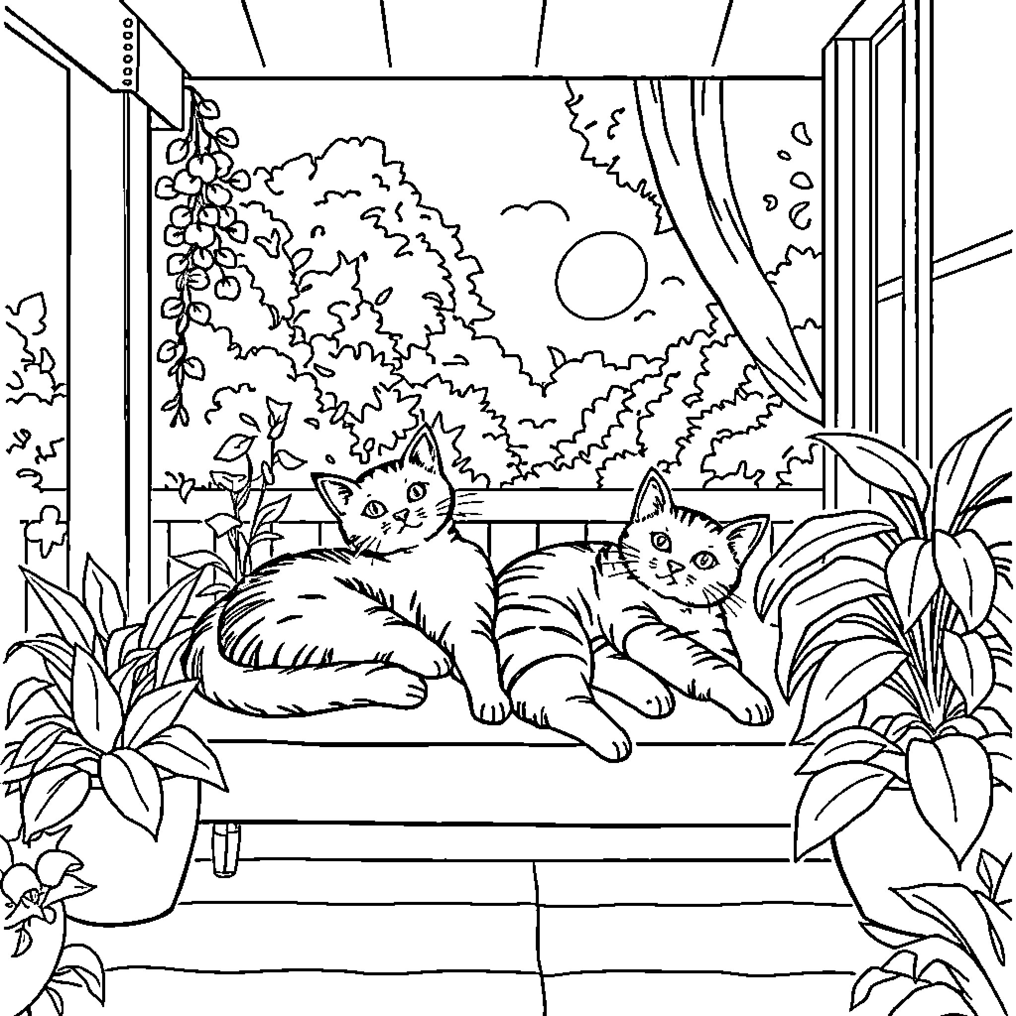 Cat resting on windowsill in cozy garden scene Coloring Page (free black-and-white line drawing printable PDF for all, from beginners to advanced learners, including children, teens, adults, and seniors)