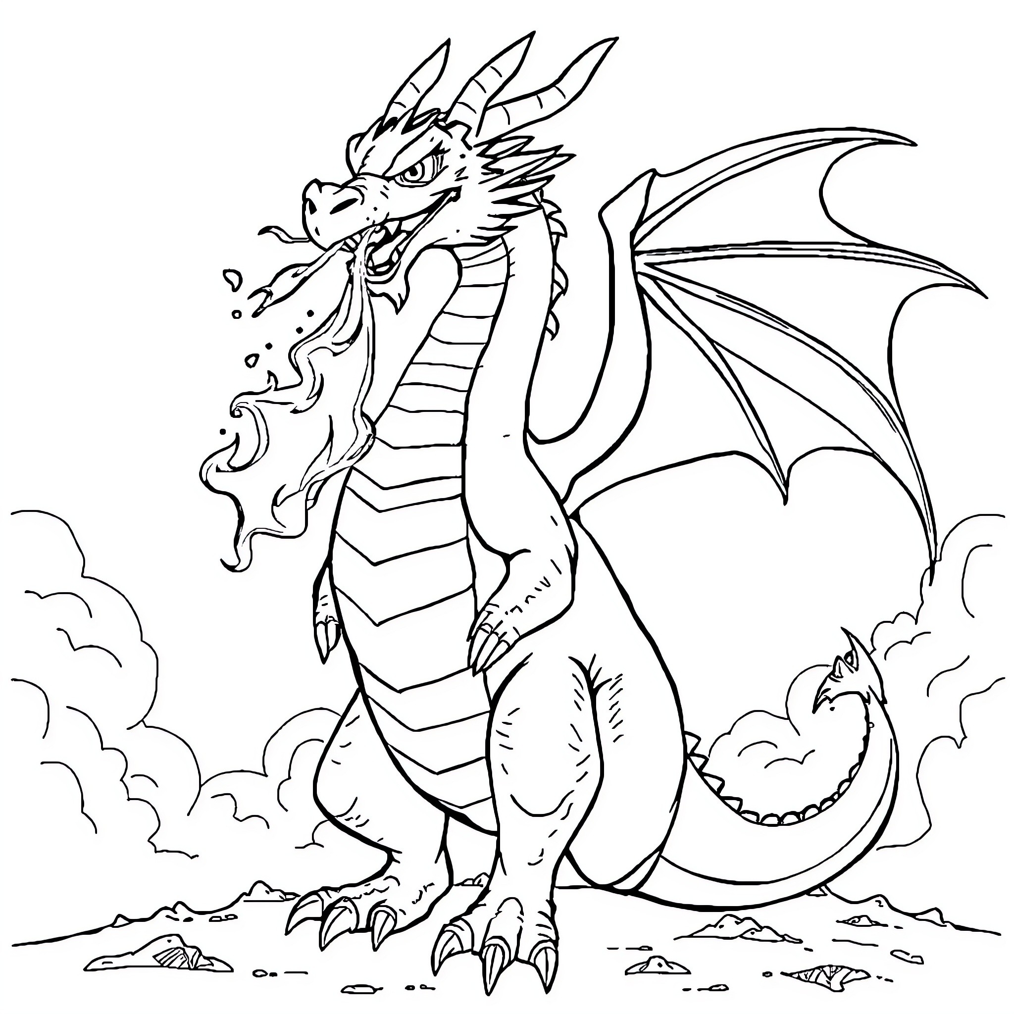 Dragon fiercely breathing fire in the sky Coloring Page (free black-and-white line drawing printable PDF for all, from beginners to advanced learners, including children, teens, adults, and seniors)