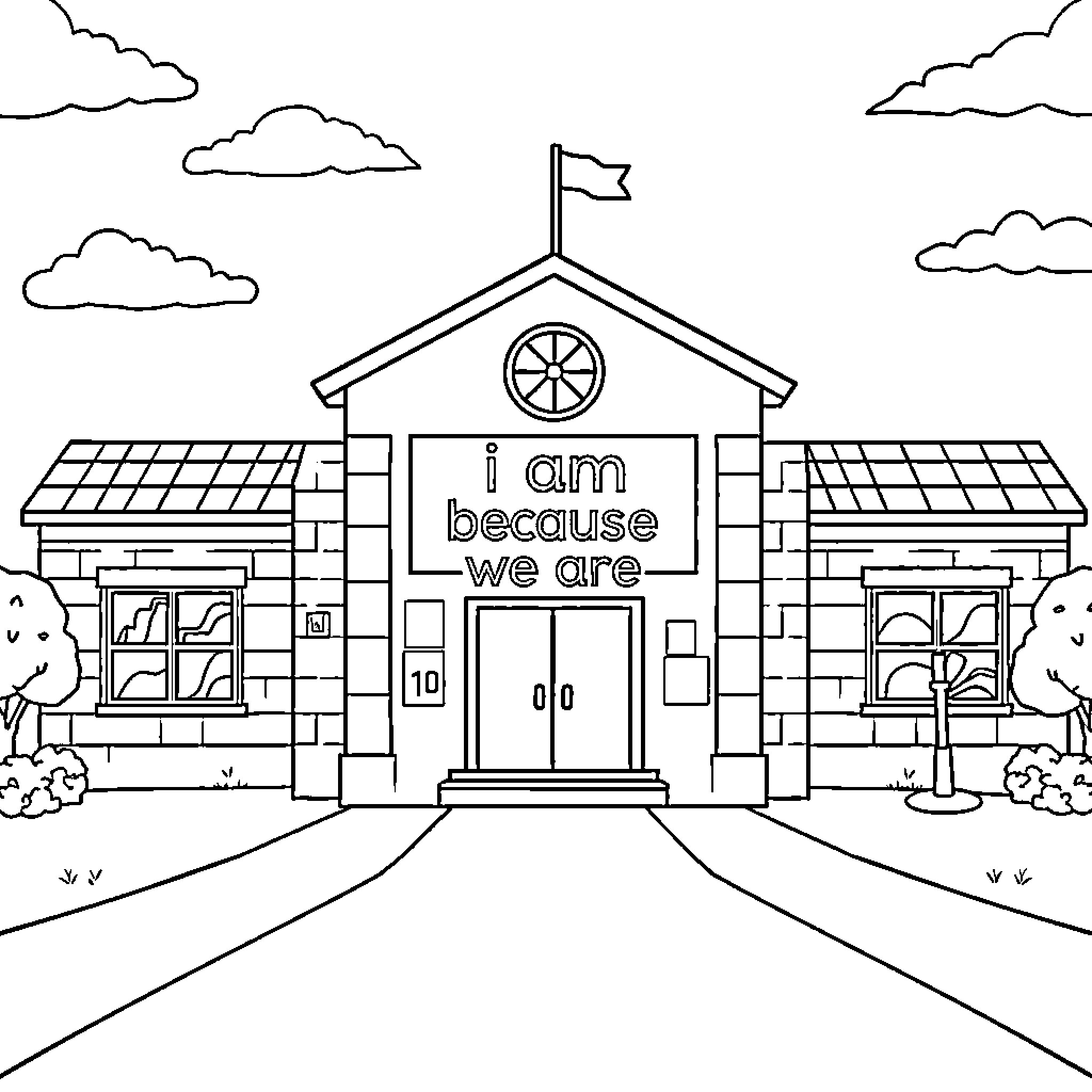 School Building with Flags and Clouds Coloring Page (free black-and-white line drawing printable PDF for all, from beginners to advanced learners, including children, teens, adults, and seniors)