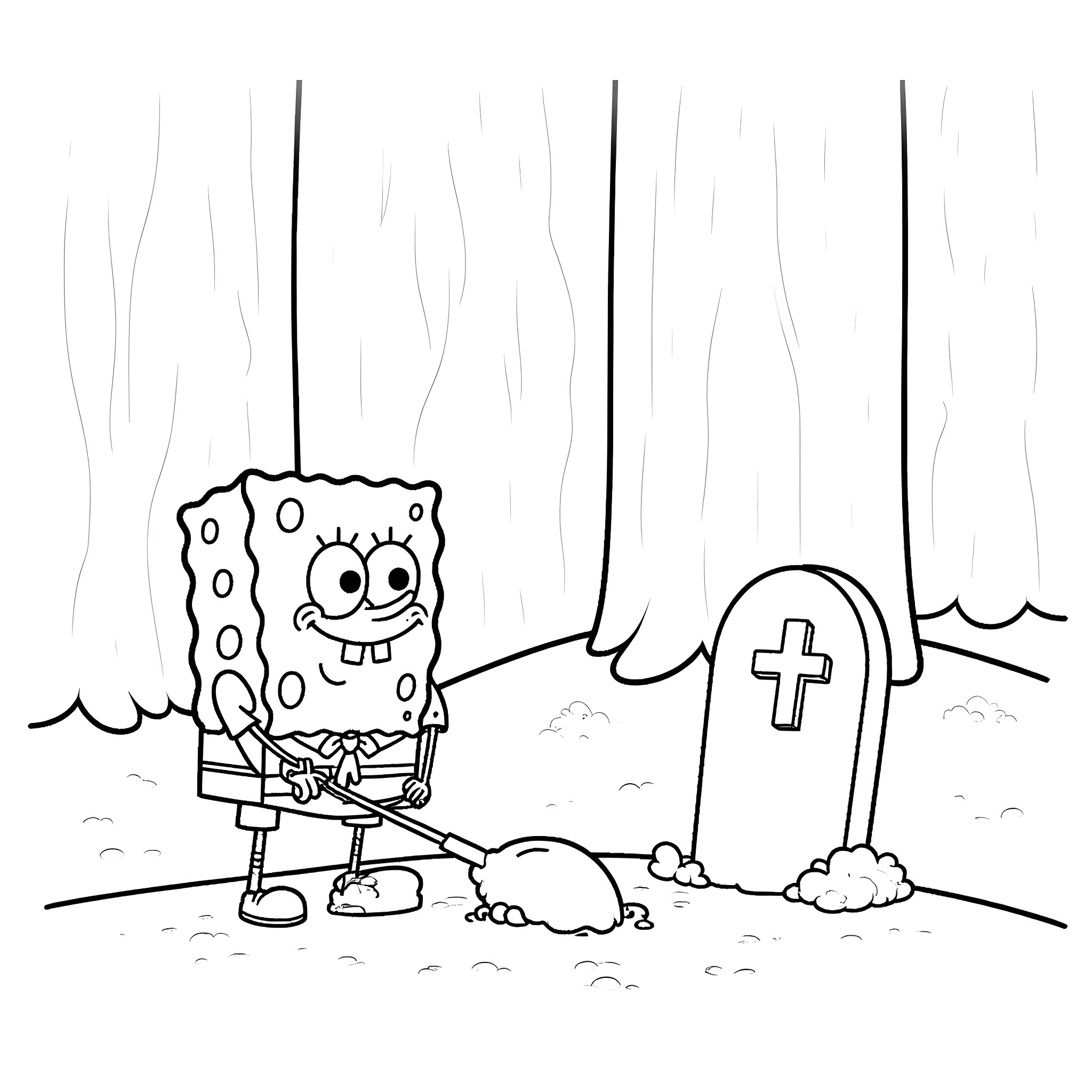 Spongebob visits a graveyard Coloring Page (free black-and-white line drawing printable PDF for all, from beginners to advanced learners, including children, teens, adults, and seniors)
