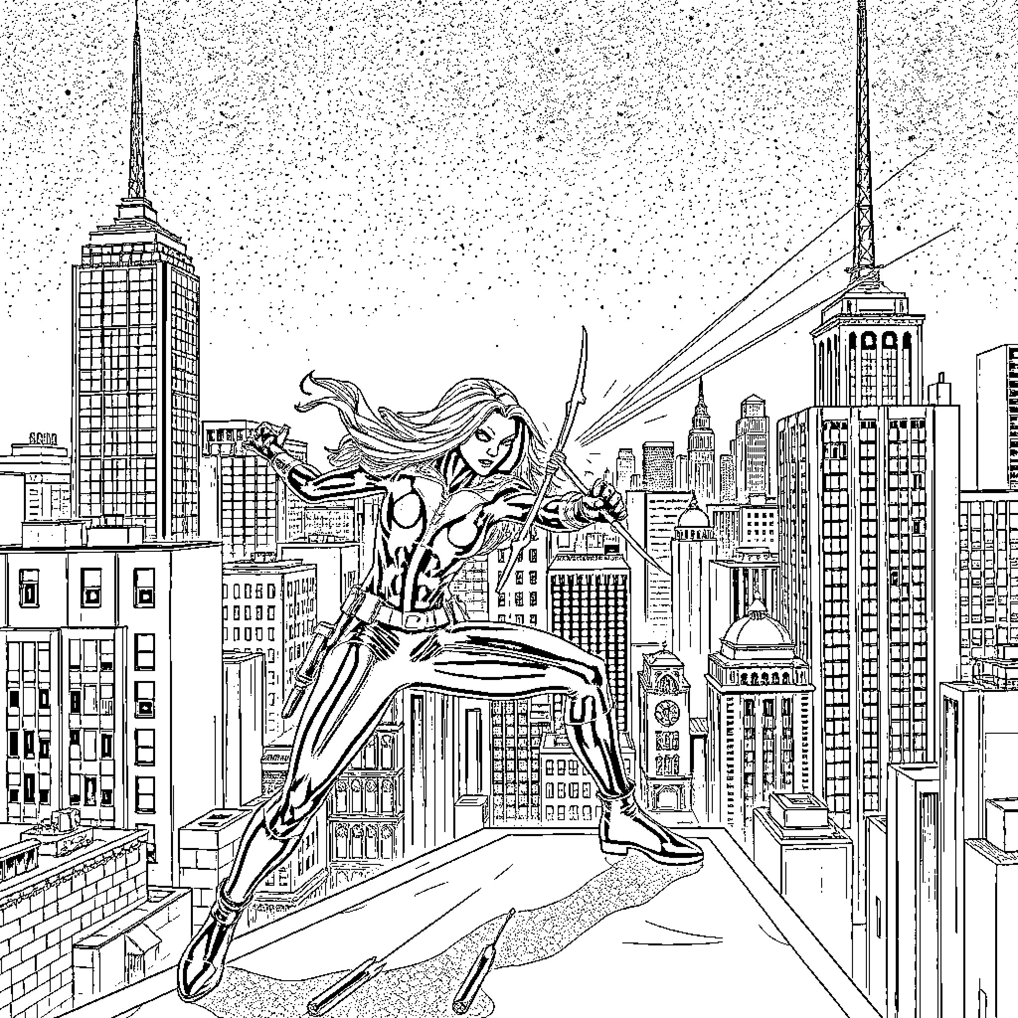 Black Widow in action over the city skyline Coloring Page (free black-and-white line drawing printable PDF for all, from beginners to advanced learners, including children, teens, adults, and seniors)