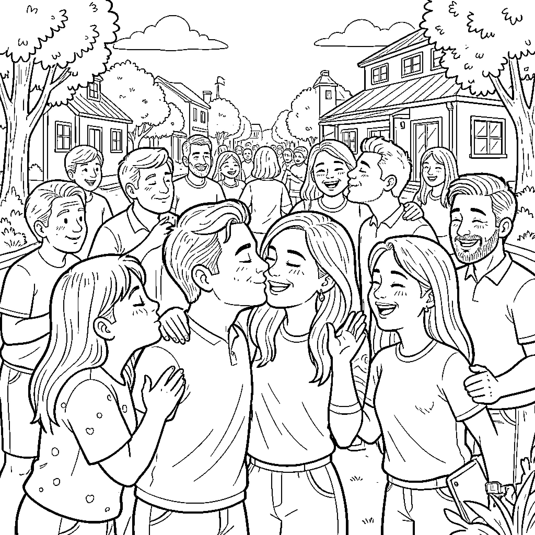 Tocca Boca characters celebrating together in a town scene Coloring Page (free black-and-white line drawing printable PDF for all, from beginners to advanced learners, including children, teens, adults, and seniors)