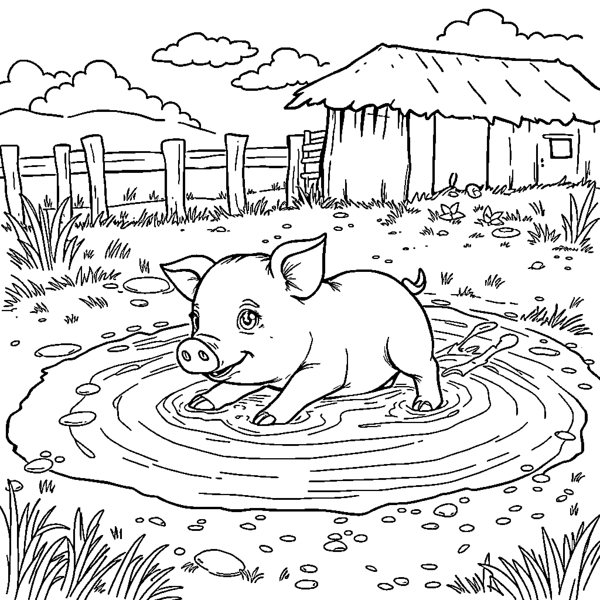 Piglet splashing in a pond on a rainy day Coloring Page (free black-and-white line drawing printable PDF for all, from beginners to advanced learners, including children, teens, adults, and seniors)