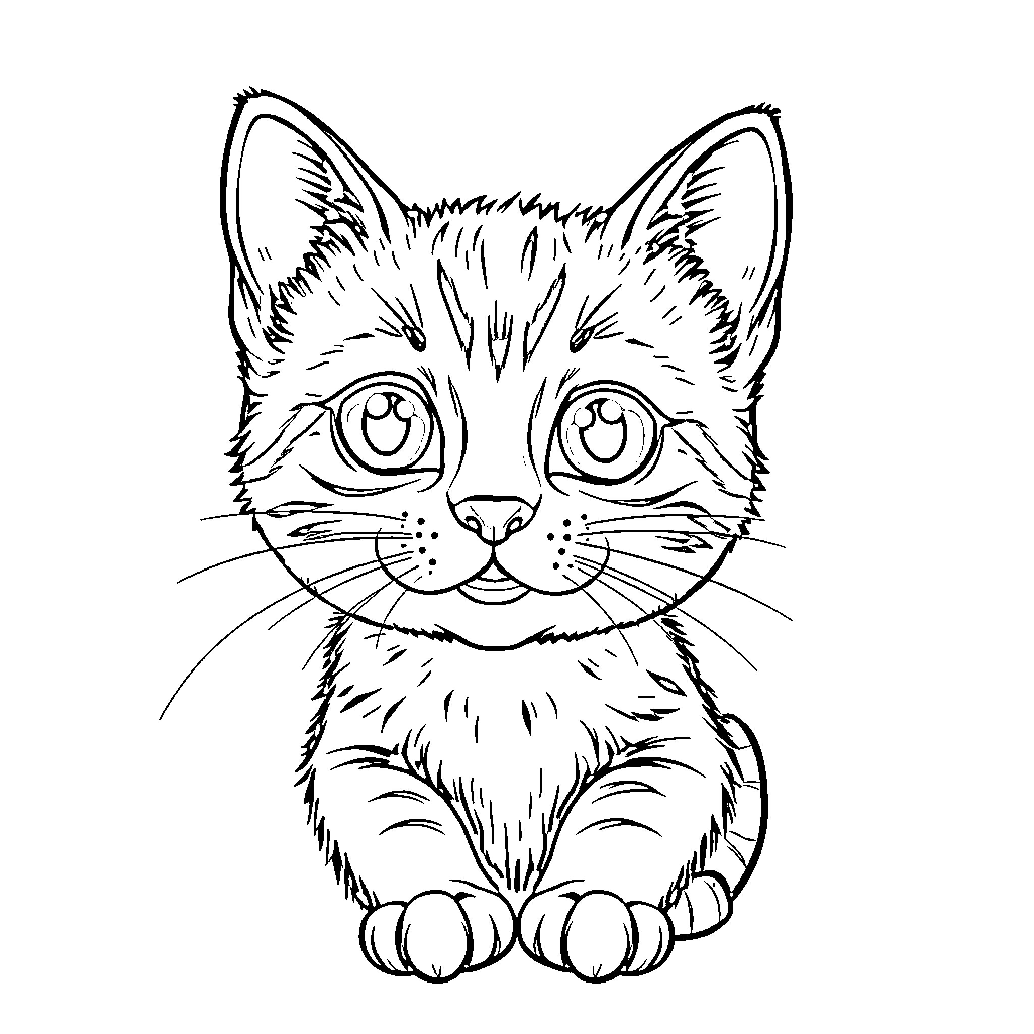 Gatito sitting cutely and looking up Coloring Page (free black-and-white line drawing printable PDF for all, from beginners to advanced learners, including children, teens, adults, and seniors)
