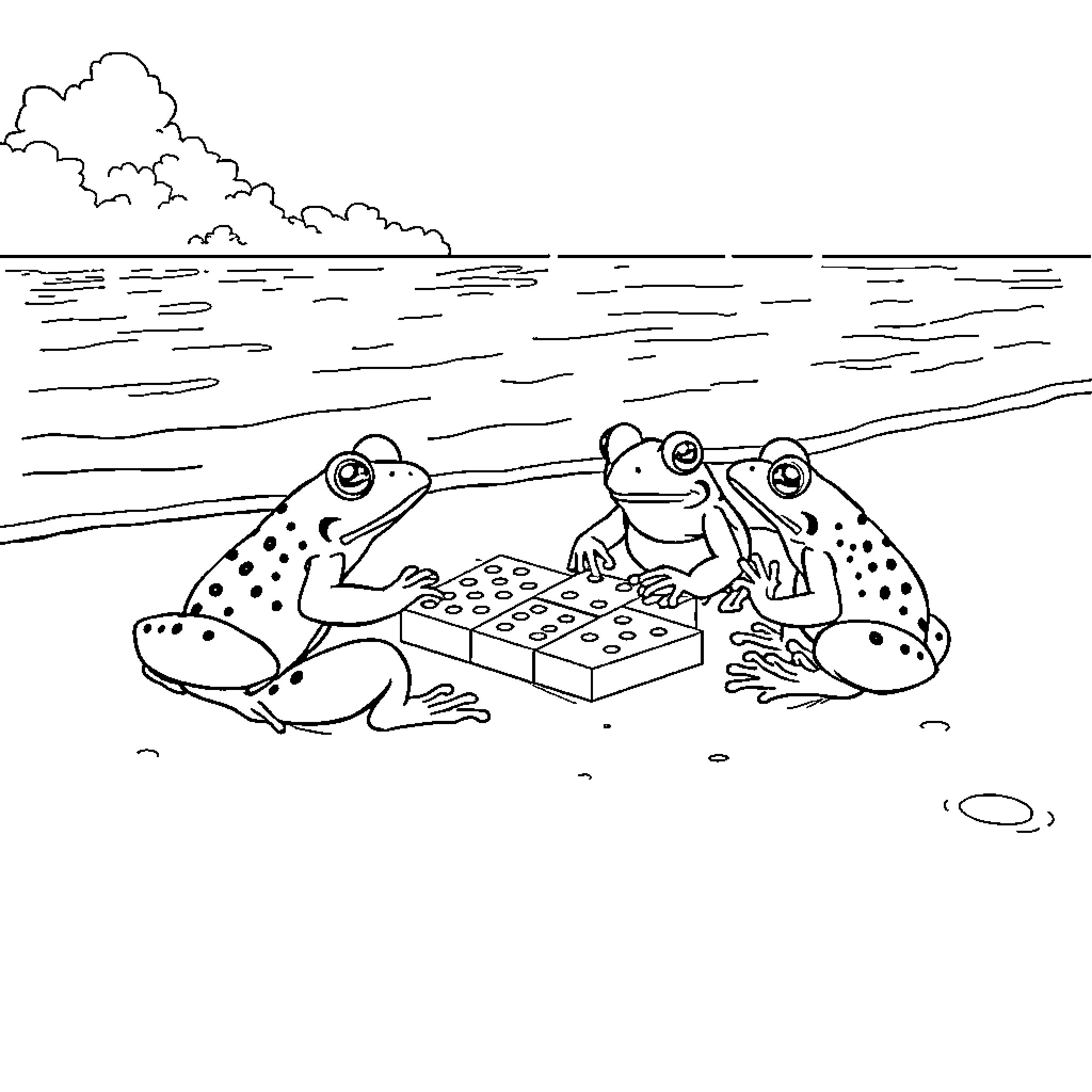 Coqui Frogs Enjoying a Peaceful Day by the Water Coloring Page (free black-and-white line drawing printable PDF for all, from beginners to advanced learners, including children, teens, adults, and seniors)