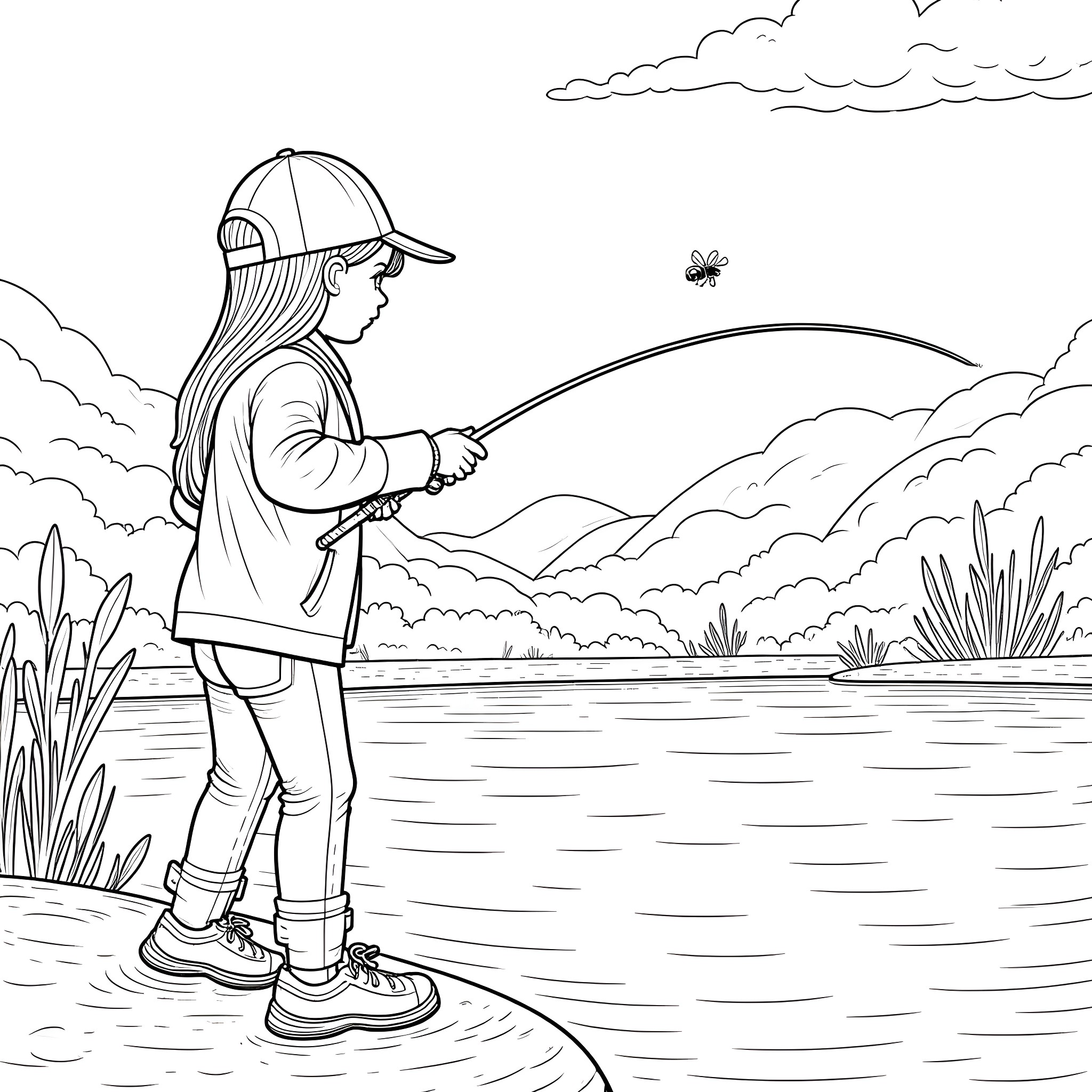 Girl fishing by the lake with a butterfly Coloring Page (free black-and-white line drawing printable PDF for all, from beginners to advanced learners, including children, teens, adults, and seniors)