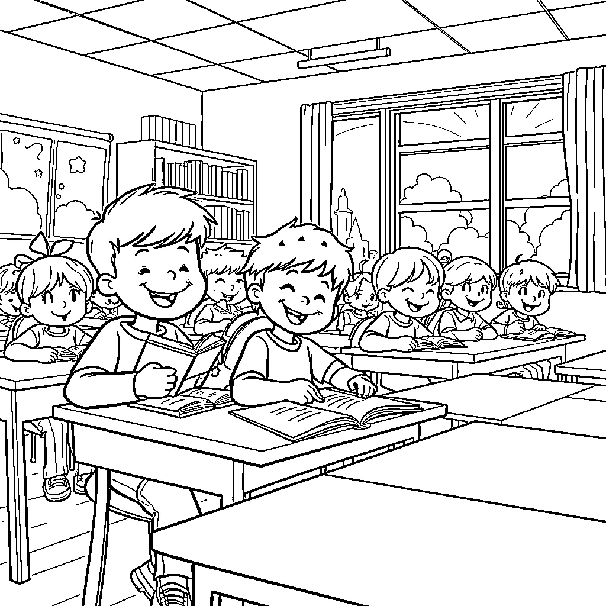 Child students learning in classroom Coloring Page (free black-and-white line drawing printable PDF for all, from beginners to advanced learners, including children, teens, adults, and seniors)