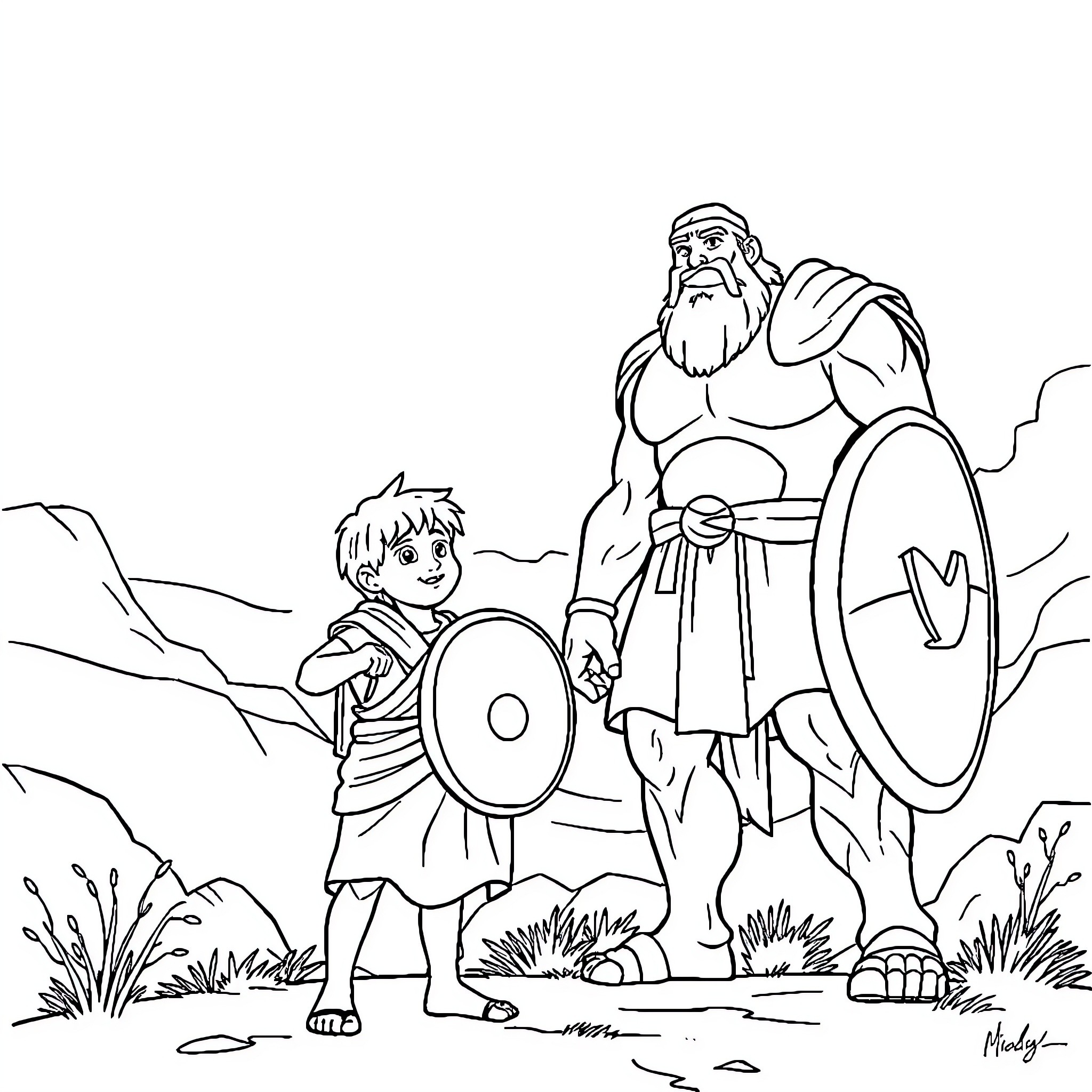 David and Goliath - Facing a Giant Warrior Coloring Page (free black-and-white line drawing printable PDF for all, from beginners to advanced learners, including children, teens, adults, and seniors)