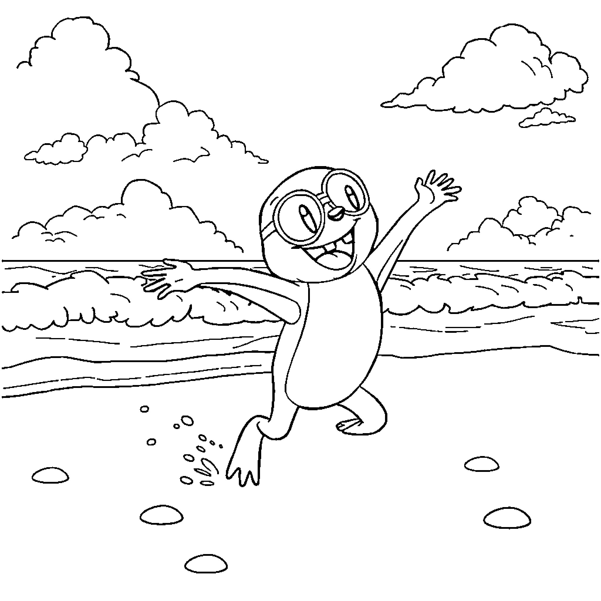 Paw Patrol character frolicking on the beach Coloring Page (free black-and-white line drawing printable PDF for all, from beginners to advanced learners, including children, teens, adults, and seniors)
