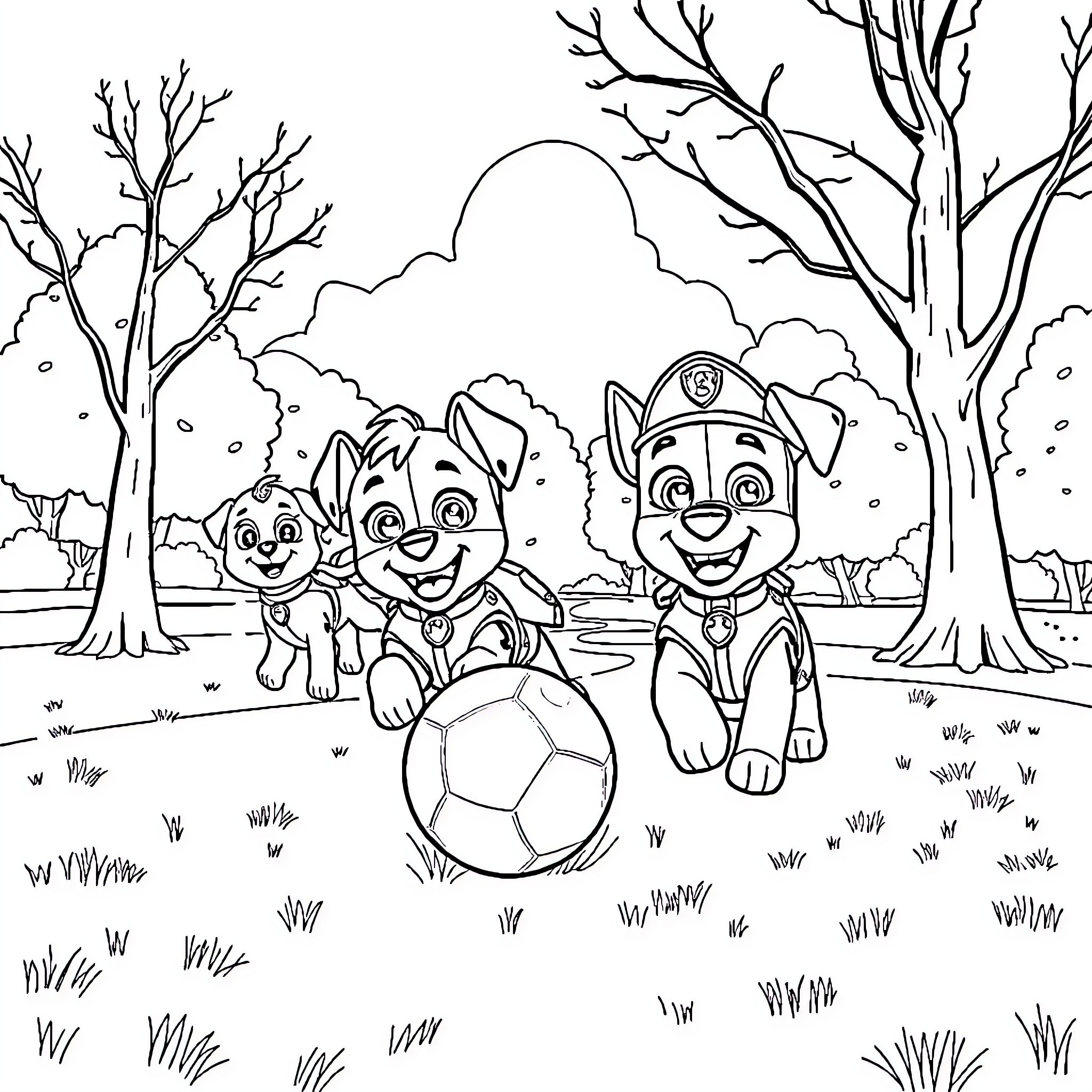 Paw Patrol pups playing soccer in the park Coloring Page (free black-and-white line drawing printable PDF for all, from beginners to advanced learners, including children, teens, adults, and seniors)