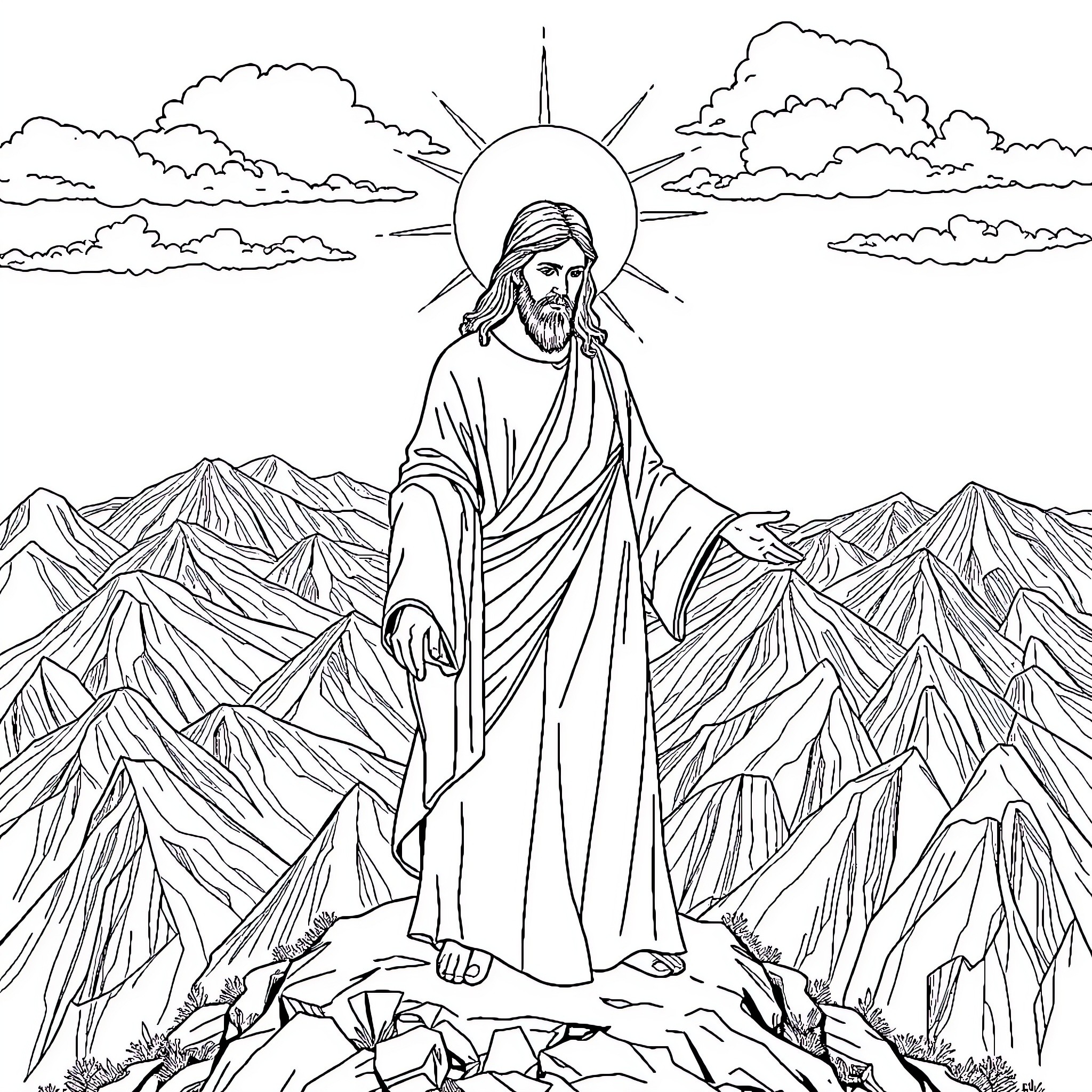 Jesus standing amidst the mountains with a radiant sun Coloring Page (free black-and-white line drawing printable PDF for all, from beginners to advanced learners, including children, teens, adults, and seniors)