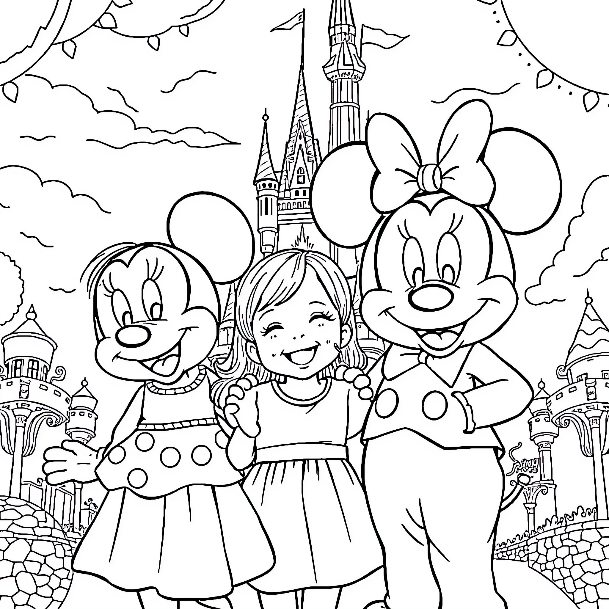 Toddler Girl exploring Disney Castle with Mickey and Minnie Mouse Coloring Page (free black-and-white line drawing printable PDF for all, from beginners to advanced learners, including children, teens, adults, and seniors)