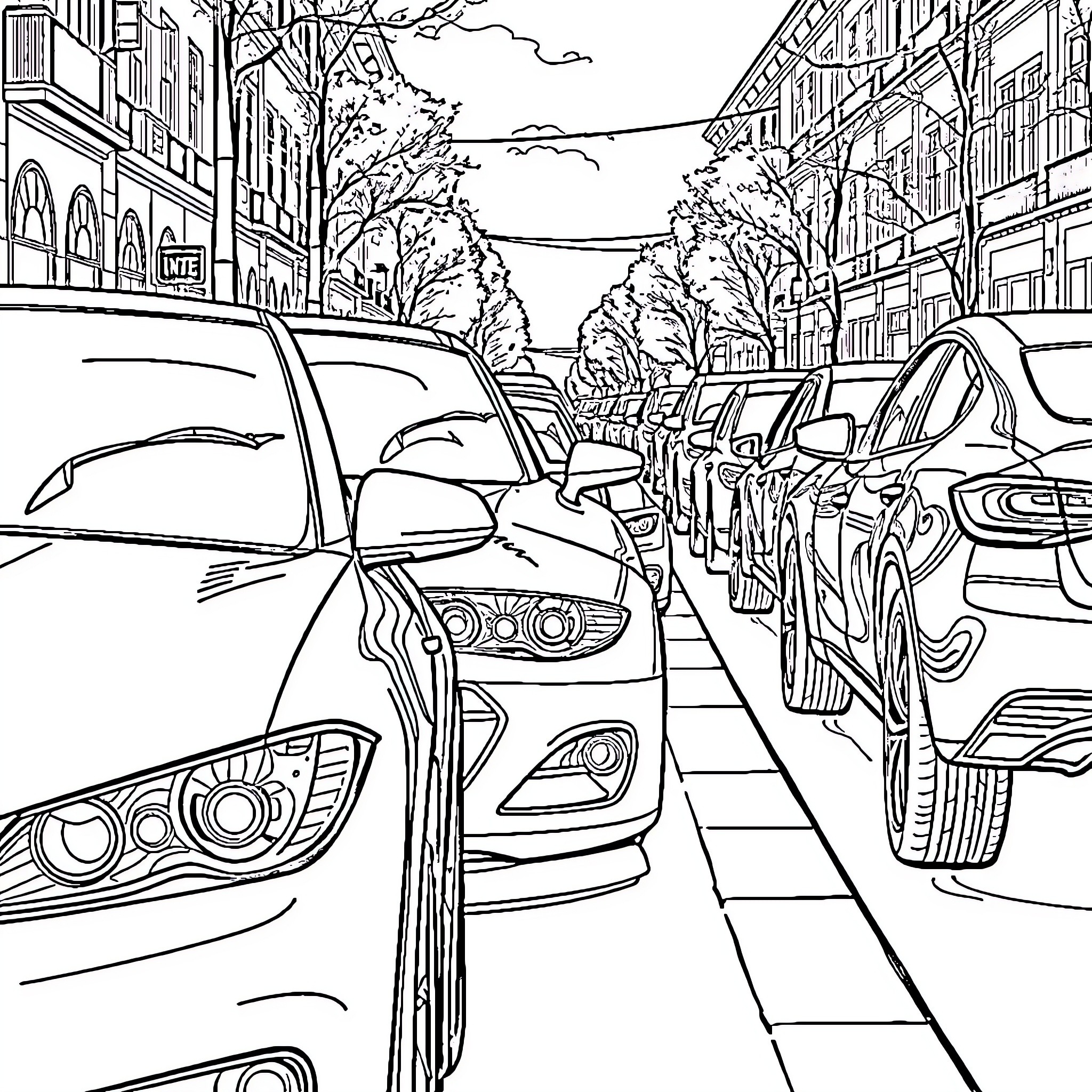 Car traffic on a busy city street Coloring Page (free black-and-white line drawing printable PDF for all, from beginners to advanced learners, including children, teens, adults, and seniors)
