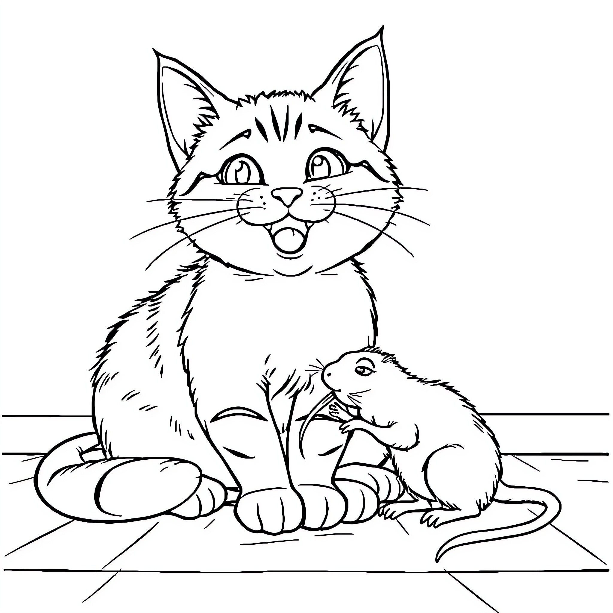 Cat and mouse curious expression Coloring Page (free black-and-white line drawing printable PDF for all, from beginners to advanced learners, including children, teens, adults, and seniors)