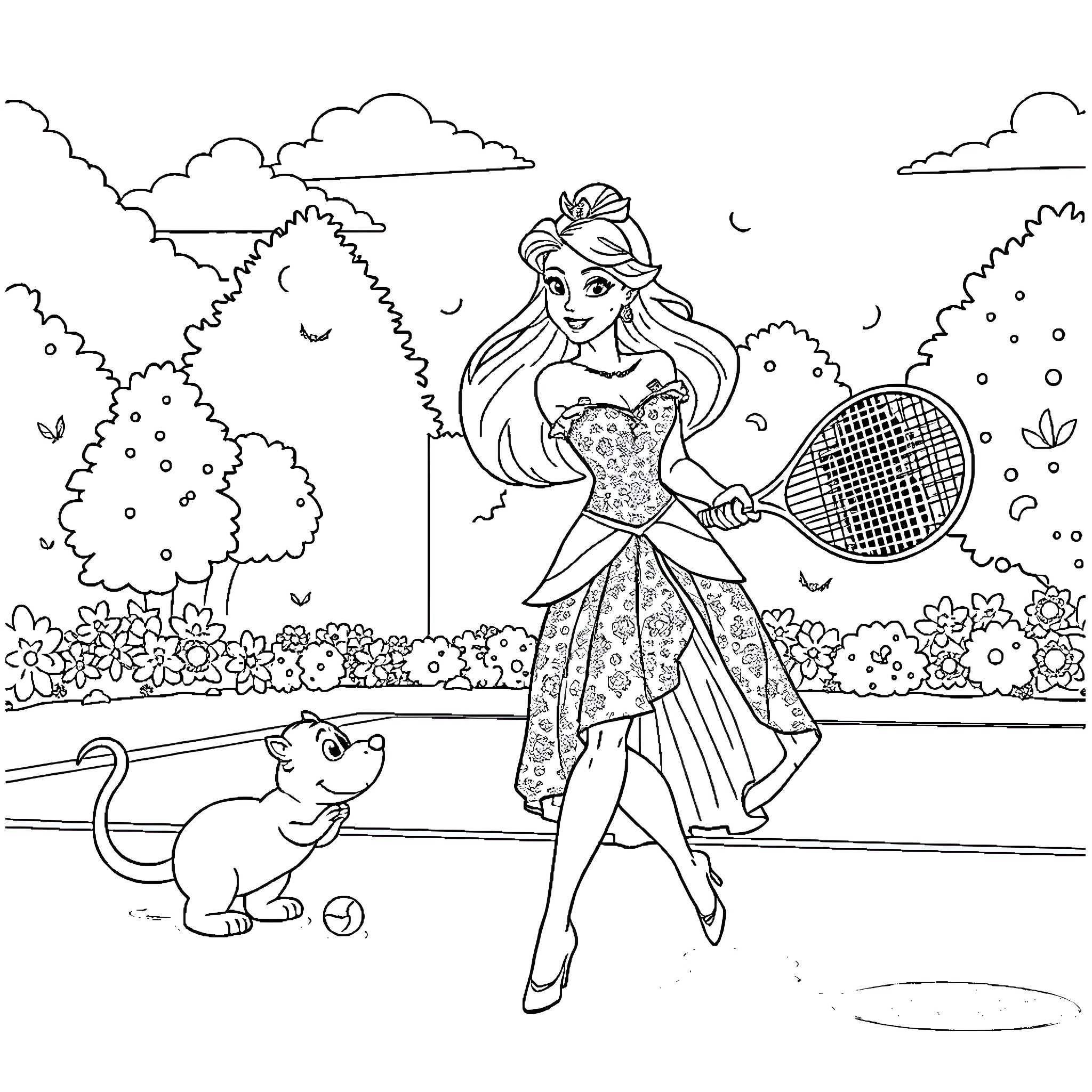 Princess Enjoying Tennis in the Garden Coloring Page (free black-and-white line drawing printable PDF for all, from beginners to advanced learners, including children, teens, adults, and seniors)
