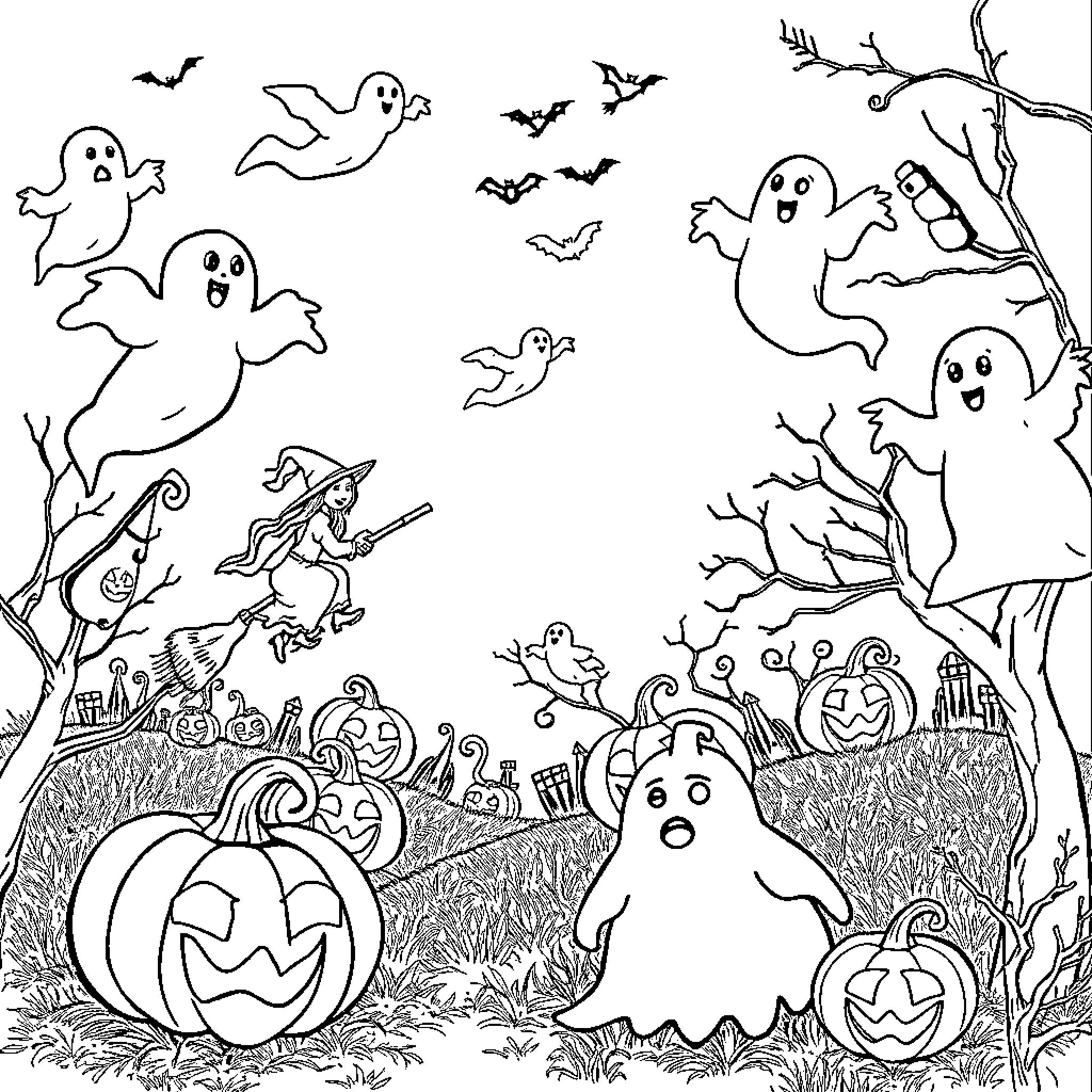 Halloween ghostly fun in the spooky forest Coloring Page (free black-and-white line drawing printable PDF for all, from beginners to advanced learners, including children, teens, adults, and seniors)
