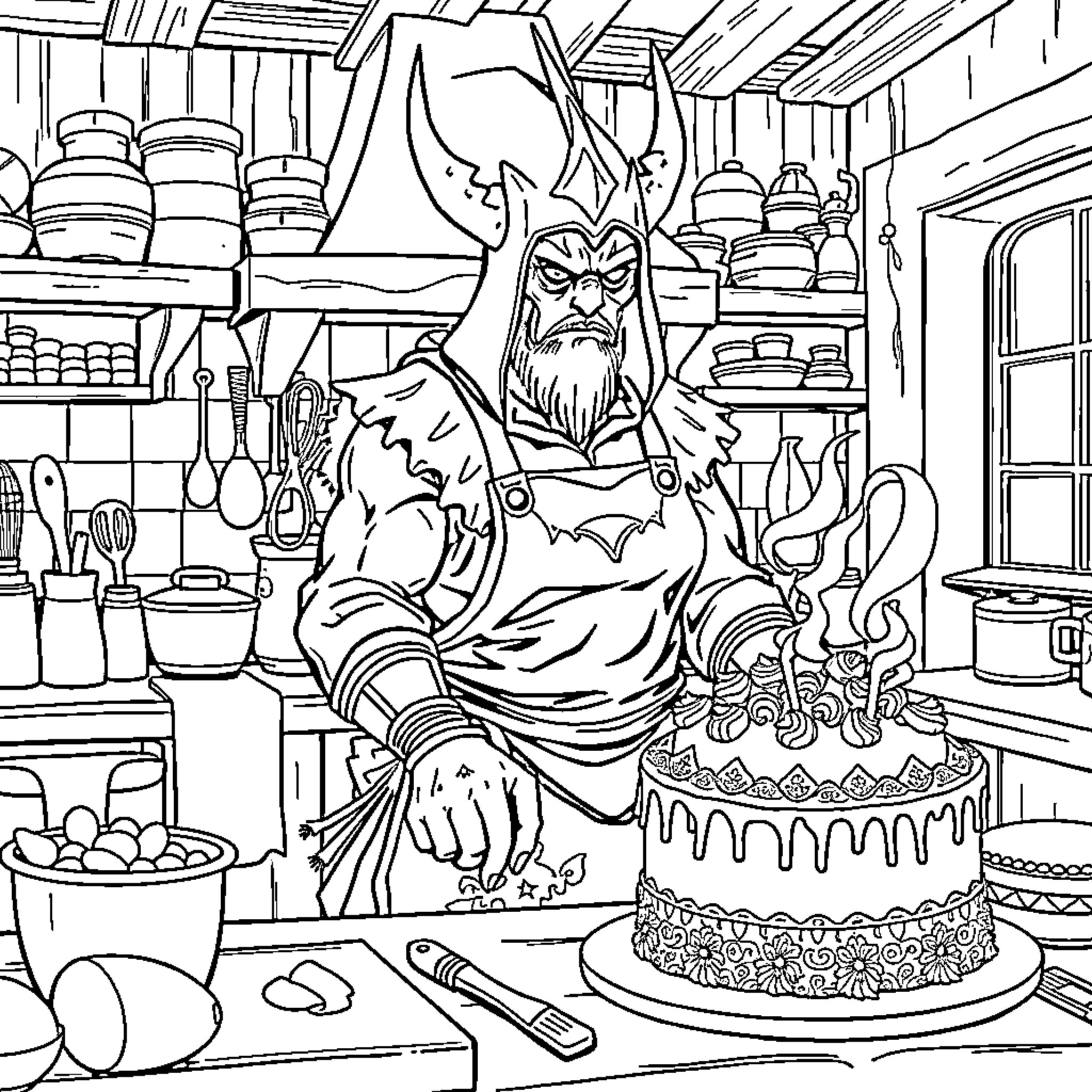 Abbadon the Demon Confectioner in His Kitchen Coloring Page (free black-and-white line drawing printable PDF for all, from beginners to advanced learners, including children, teens, adults, and seniors)