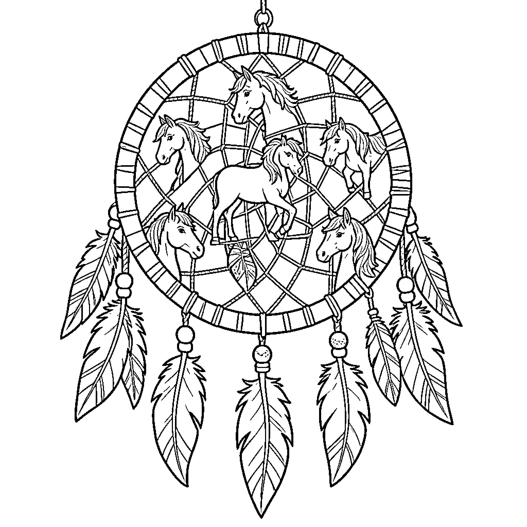 Horse Dream Catcher with Feathers Coloring Page (free black-and-white line drawing printable PDF for all, from beginners to advanced learners, including children, teens, adults, and seniors)
