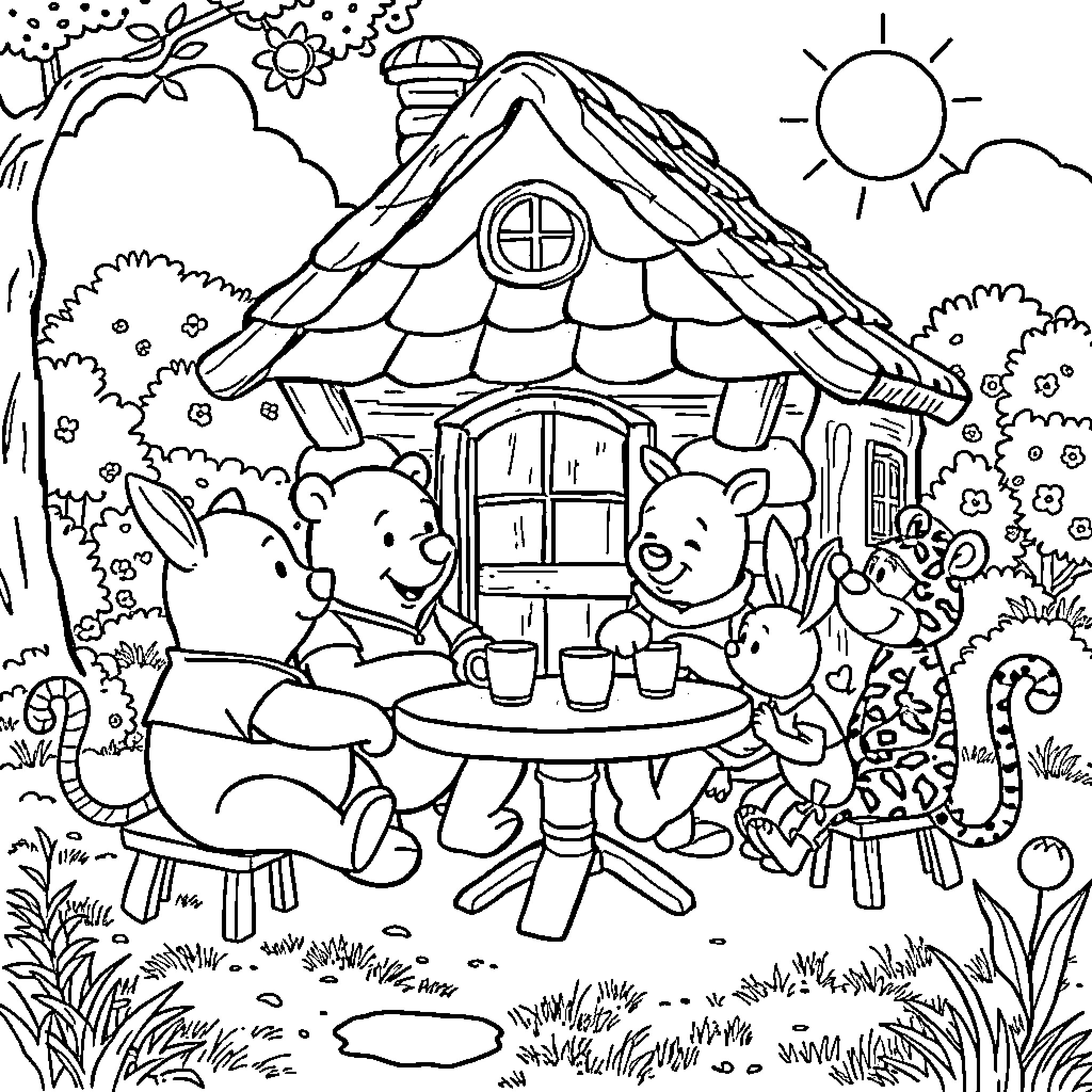 Winnie The Pooh and friends having a picnic in the garden Coloring Page (free black-and-white line drawing printable PDF for all, from beginners to advanced learners, including children, teens, adults, and seniors)