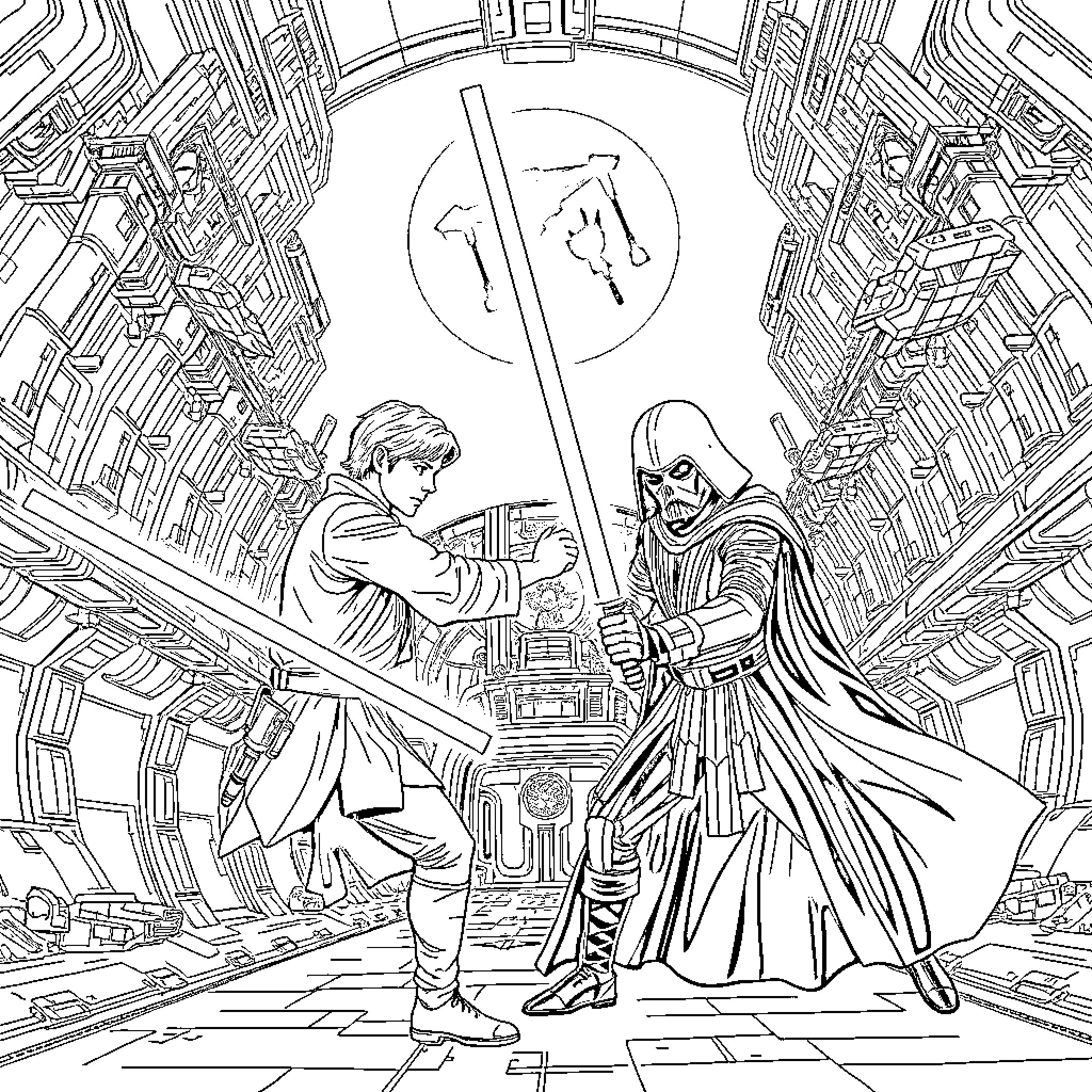 Duel of Warrior Adversaries in a Futuristic Setting Coloring Page (free black-and-white line drawing printable PDF for all, from beginners to advanced learners, including children, teens, adults, and seniors)