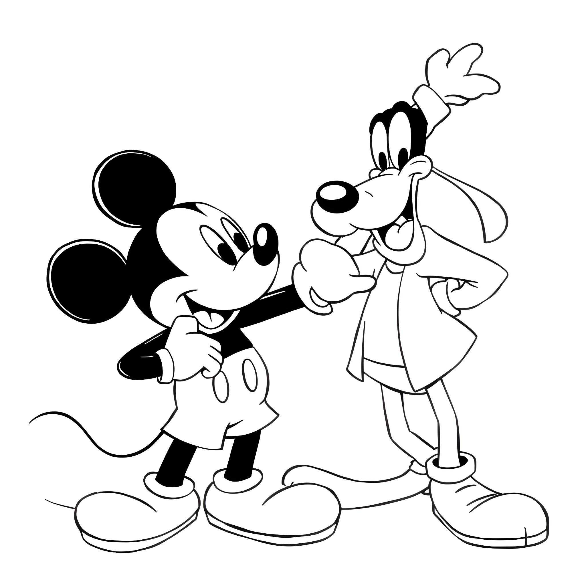 Mickey Mouse and Goofy playing together Coloring Page (free black-and-white line drawing printable PDF for all, from beginners to advanced learners, including children, teens, adults, and seniors)
