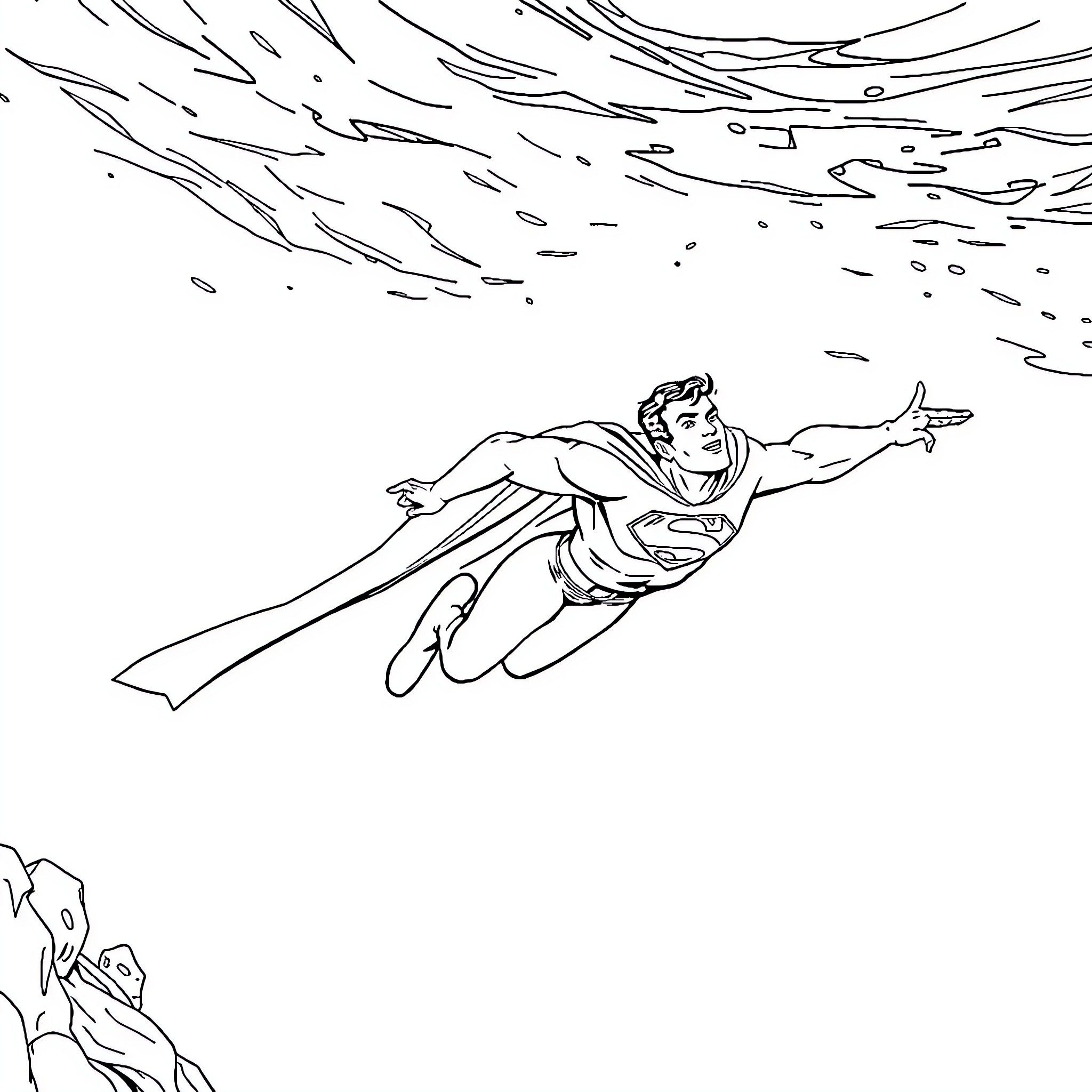 Superman soaring through the skies Coloring Page (free black-and-white line drawing printable PDF for all, from beginners to advanced learners, including children, teens, adults, and seniors)