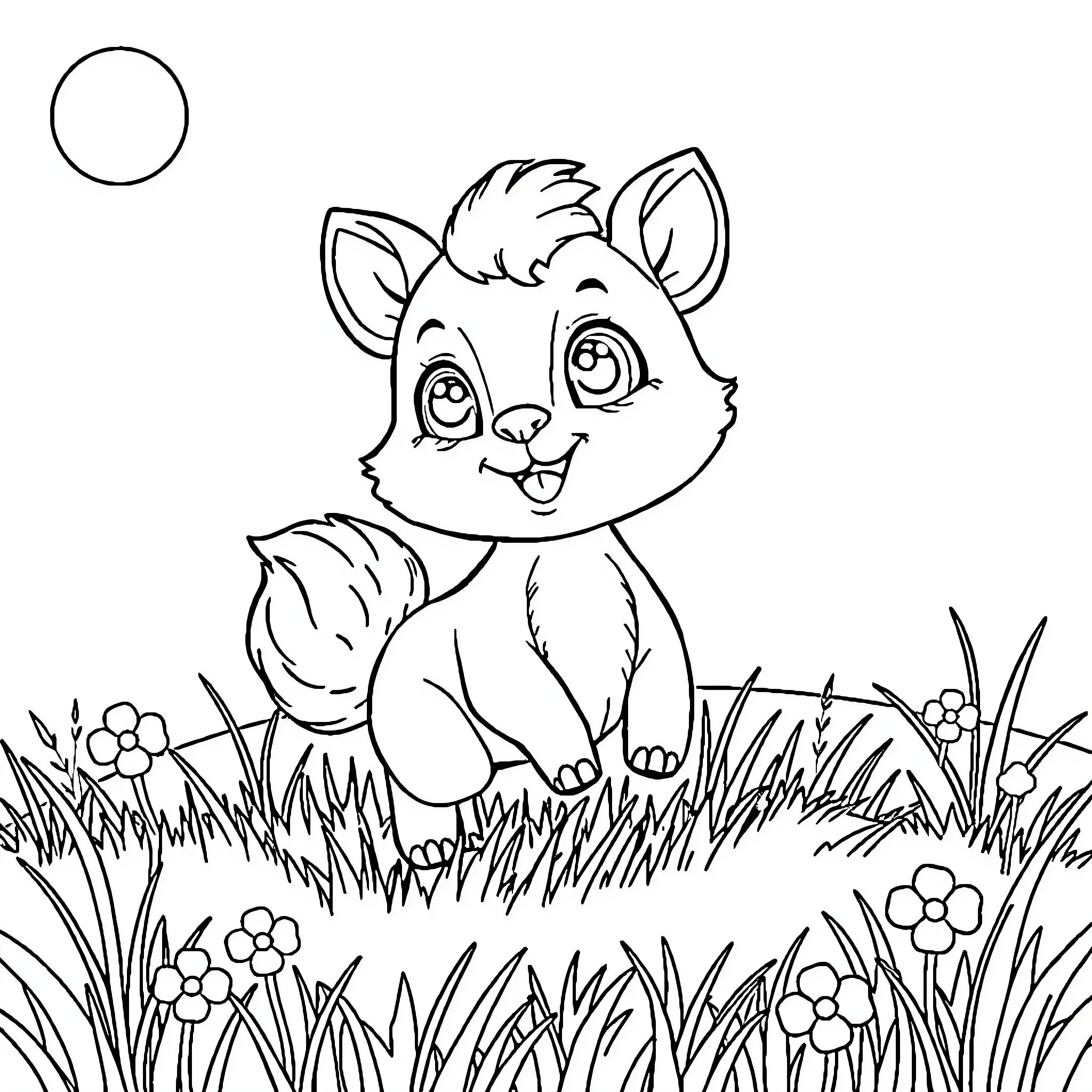 Bubu the playful pup in the meadow Coloring Page (free black-and-white line drawing printable PDF for all, from beginners to advanced learners, including children, teens, adults, and seniors)