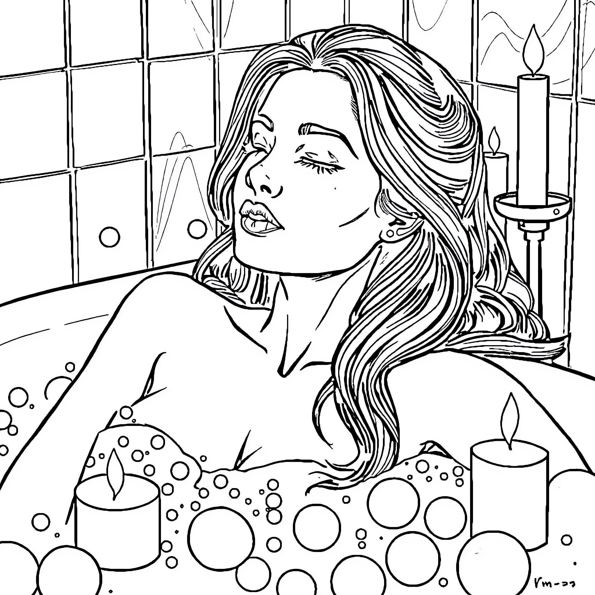 Woman relaxing in the bathtub with candles Coloring Page (free black-and-white line drawing printable PDF for all, from beginners to advanced learners, including children, teens, adults, and seniors)
