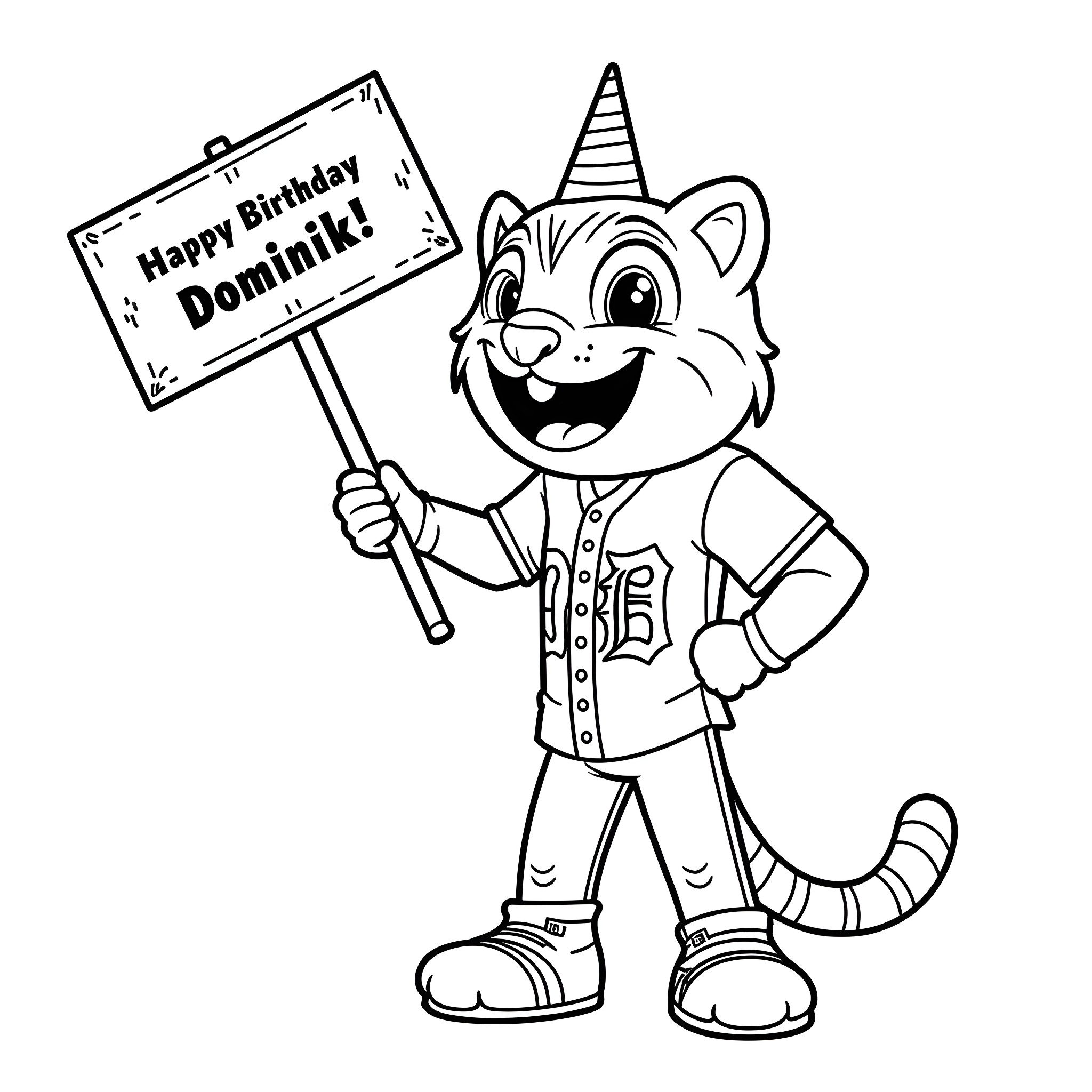 Mascot cheerfully celebrates birthday with sign Coloring Page (free black-and-white line drawing printable PDF for all, from beginners to advanced learners, including children, teens, adults, and seniors)