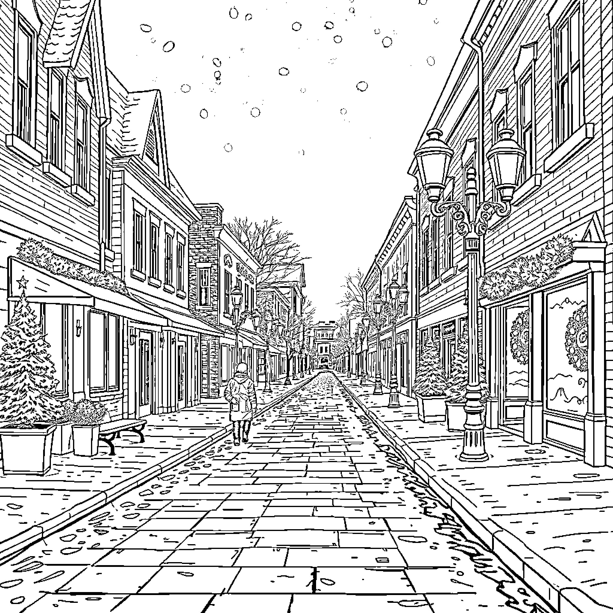 Town scene with lively street and buildings Coloring Page (free black-and-white line drawing printable PDF for all, from beginners to advanced learners, including children, teens, adults, and seniors)