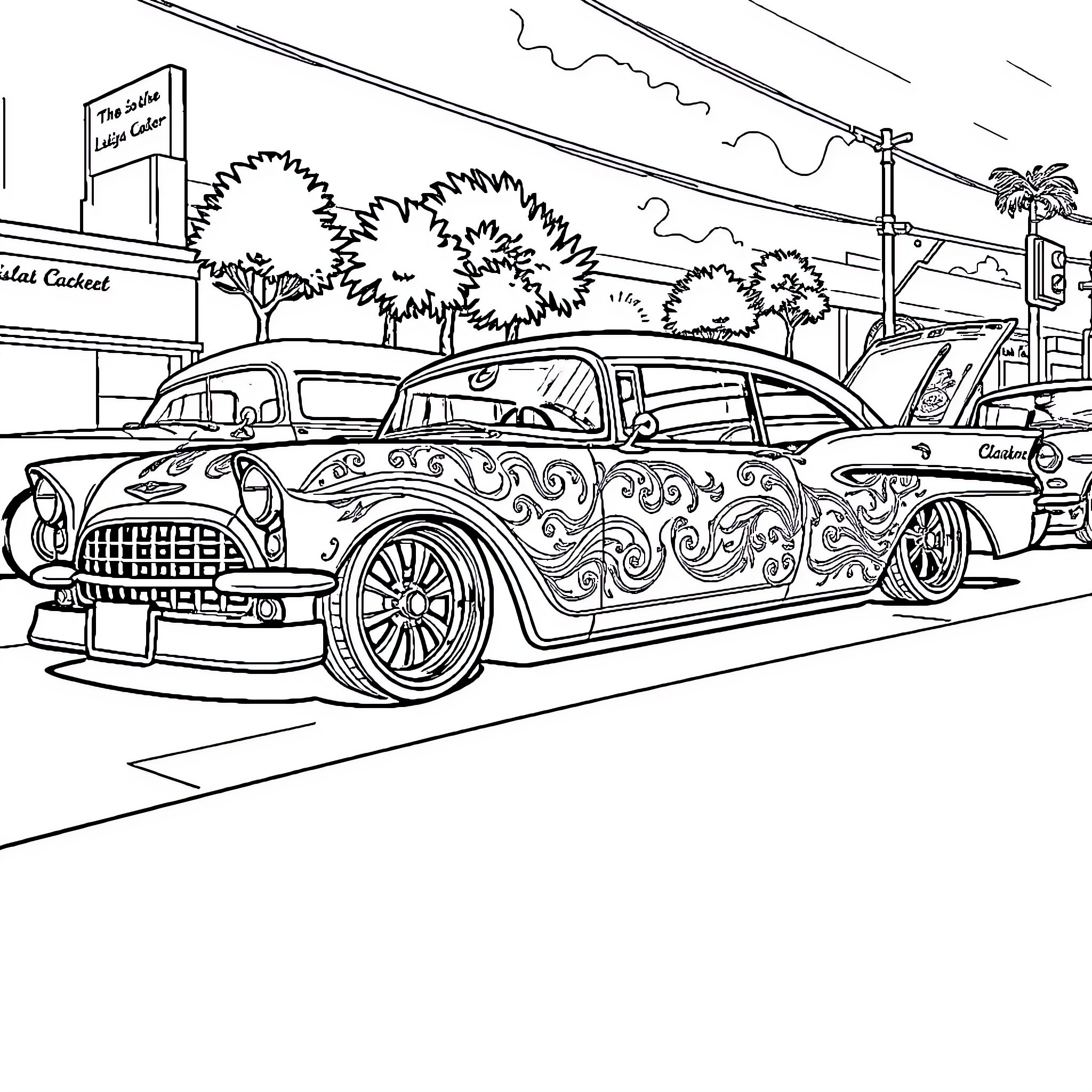 Lowrider with intricate designs cruising the streets Coloring Page (free black-and-white line drawing printable PDF for all, from beginners to advanced learners, including children, teens, adults, and seniors)
