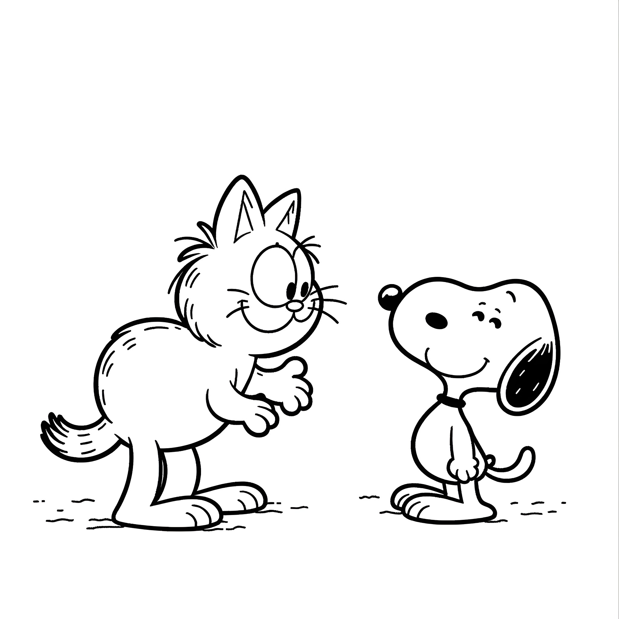 Garfield and Snoopy in a friendly encounter Coloring Page (free black-and-white line drawing printable PDF for all, from beginners to advanced learners, including children, teens, adults, and seniors)