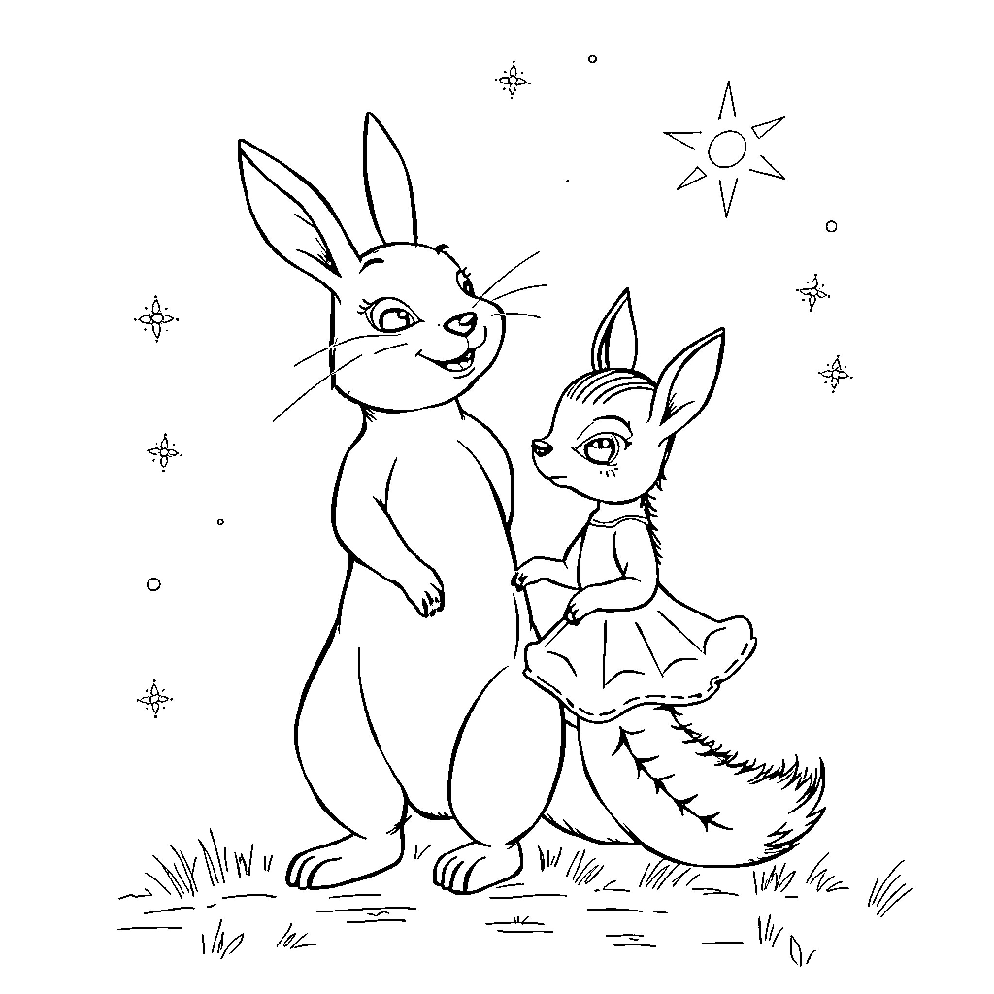 Rabbit siblings playing in the starry night Coloring Page (free black-and-white line drawing printable PDF for all, from beginners to advanced learners, including children, teens, adults, and seniors)