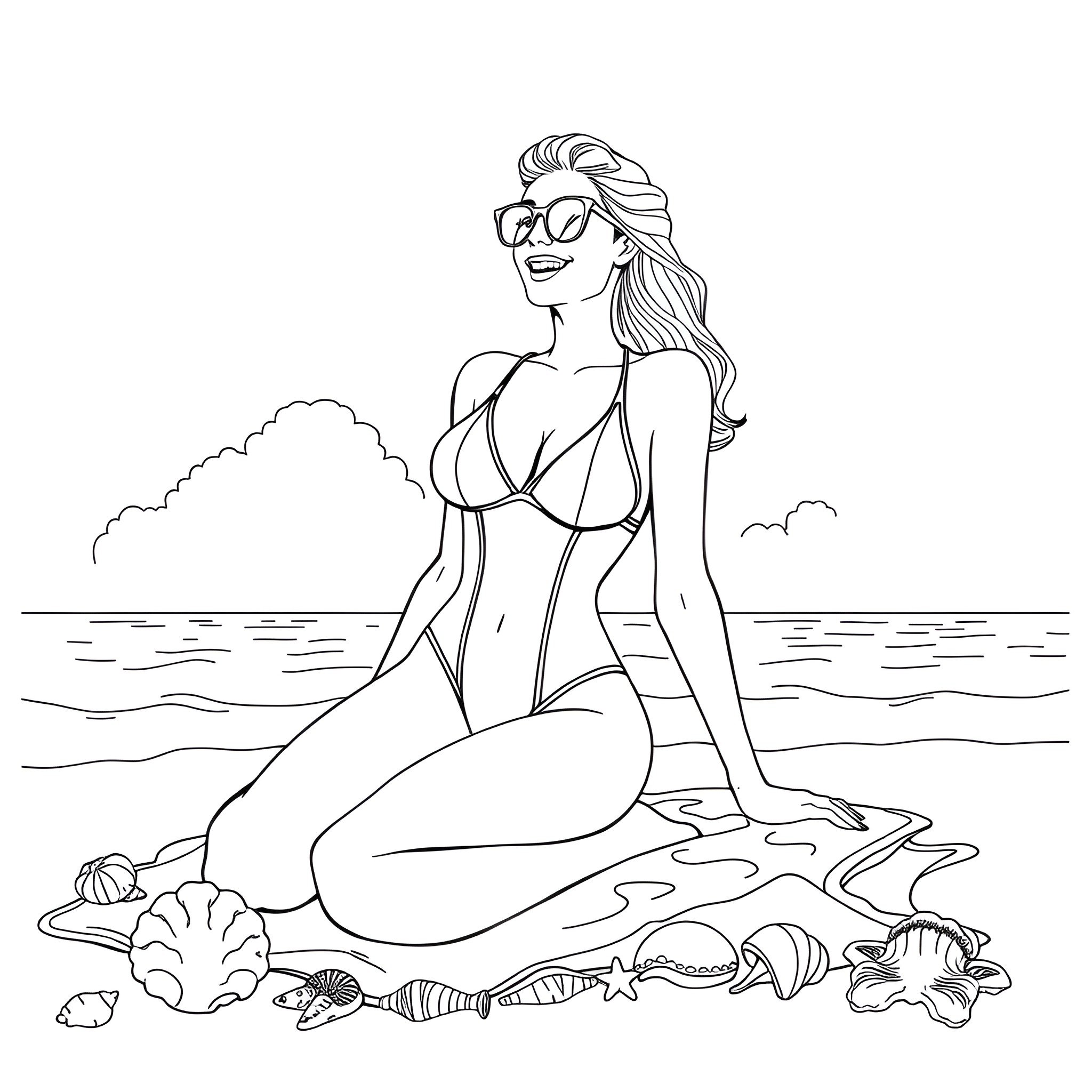 Woman relaxing on the beach in her swimsuit Coloring Page (free black-and-white line drawing printable PDF for all, from beginners to advanced learners, including children, teens, adults, and seniors)