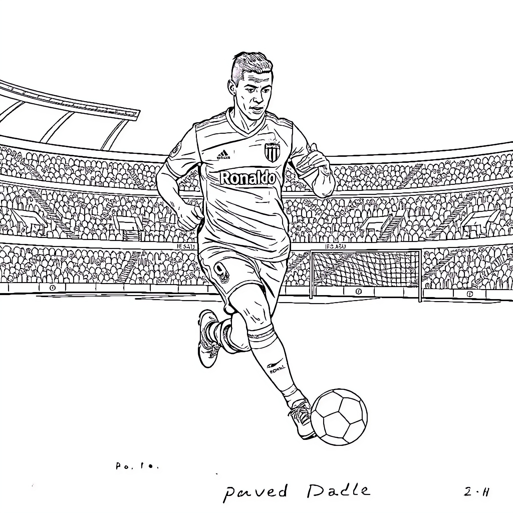 Ronaldo scoring a goal on the soccer field Coloring Page (free black-and-white line drawing printable PDF for all, from beginners to advanced learners, including children, teens, adults, and seniors)