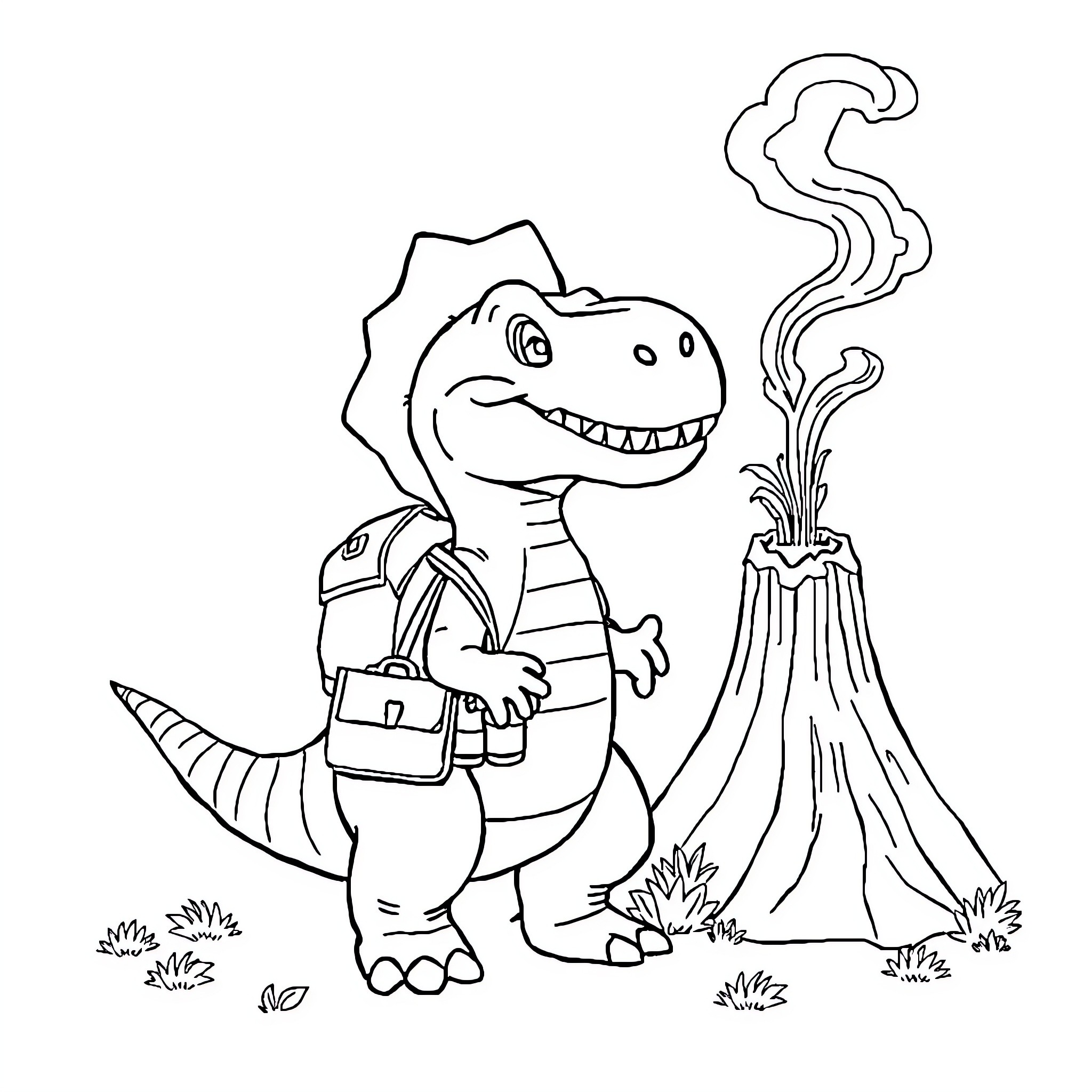 Dinosaur explorer near volcanic eruption Coloring Page (free black-and-white line drawing printable PDF for all, from beginners to advanced learners, including children, teens, adults, and seniors)