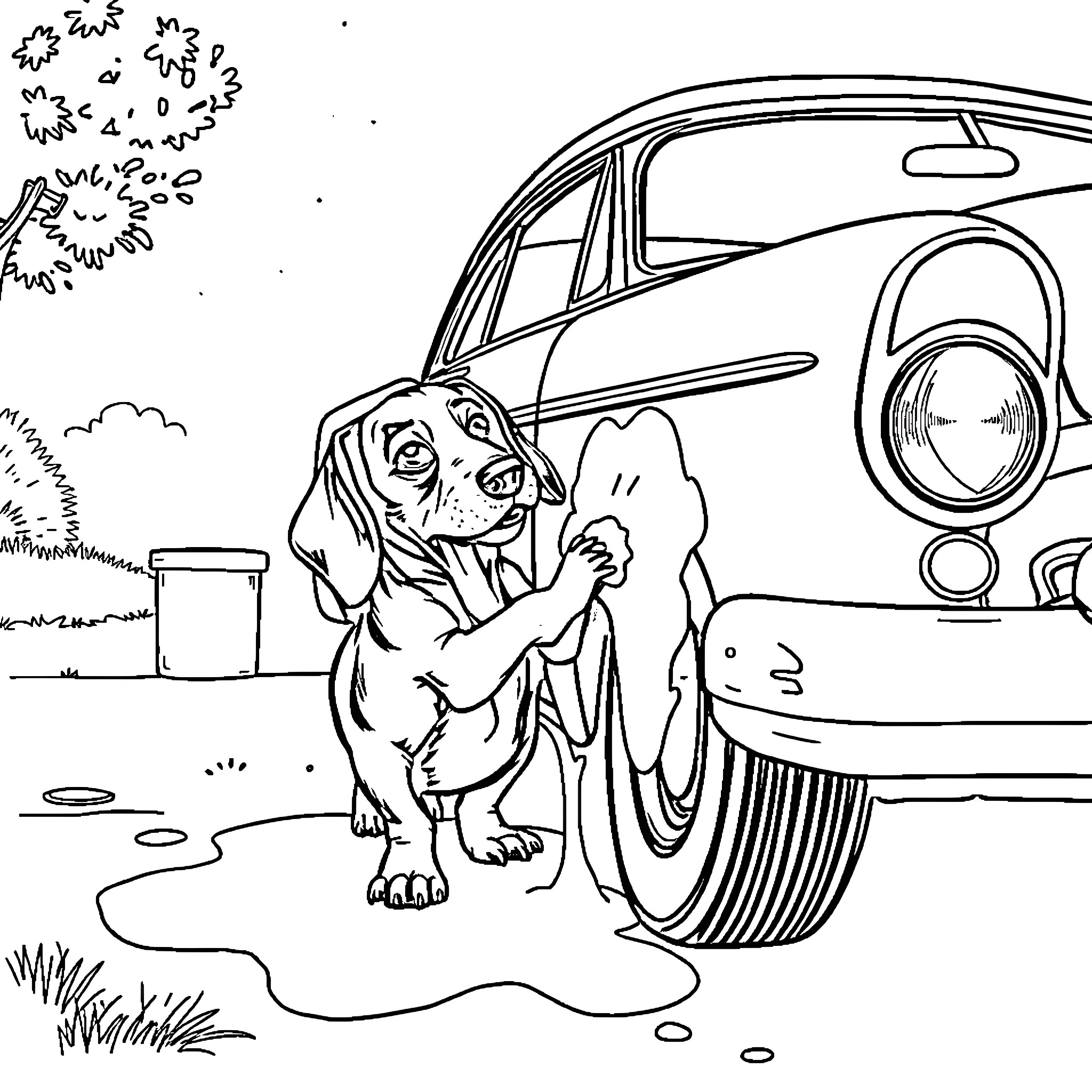 Wiener Dog Chasing Butterflies Near Vintage Car Coloring Page (free black-and-white line drawing printable PDF for all, from beginners to advanced learners, including children, teens, adults, and seniors)