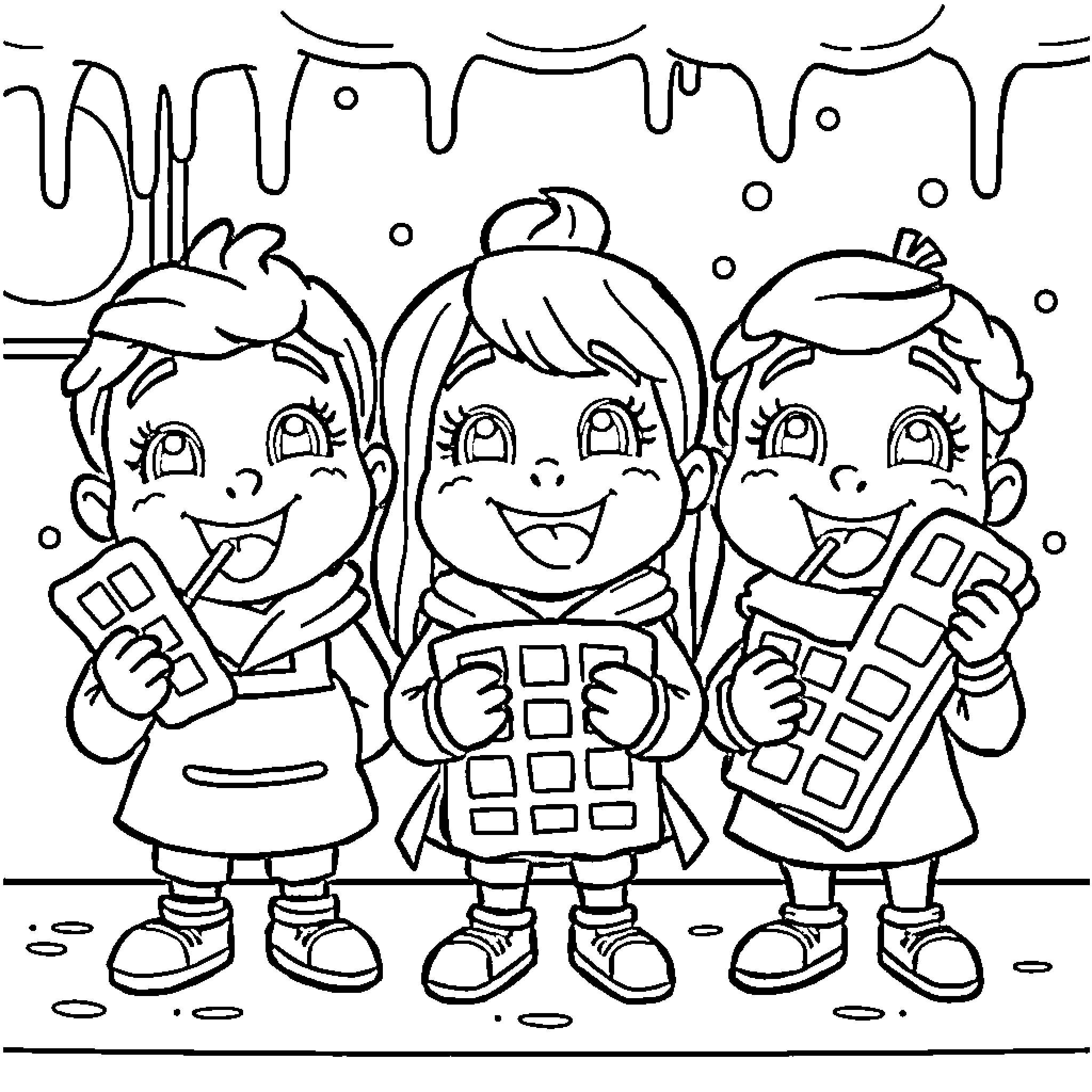 Waffle Three Kids Happily Playing with Remote Controls Coloring Page (free black-and-white line drawing printable PDF for all, from beginners to advanced learners, including children, teens, adults, and seniors)