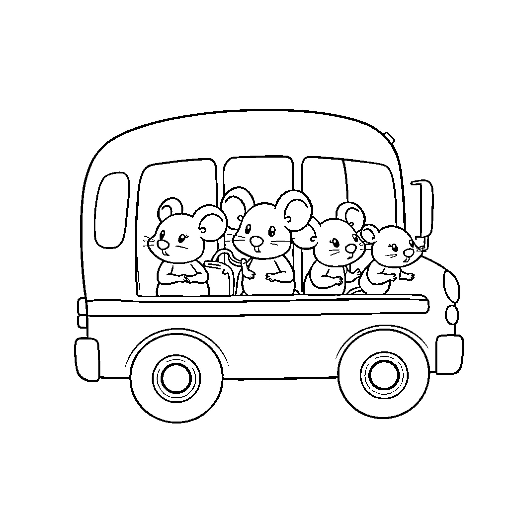 Mouse friends riding a bus together Coloring Page (free black-and-white line drawing printable PDF for all, from beginners to advanced learners, including children, teens, adults, and seniors)