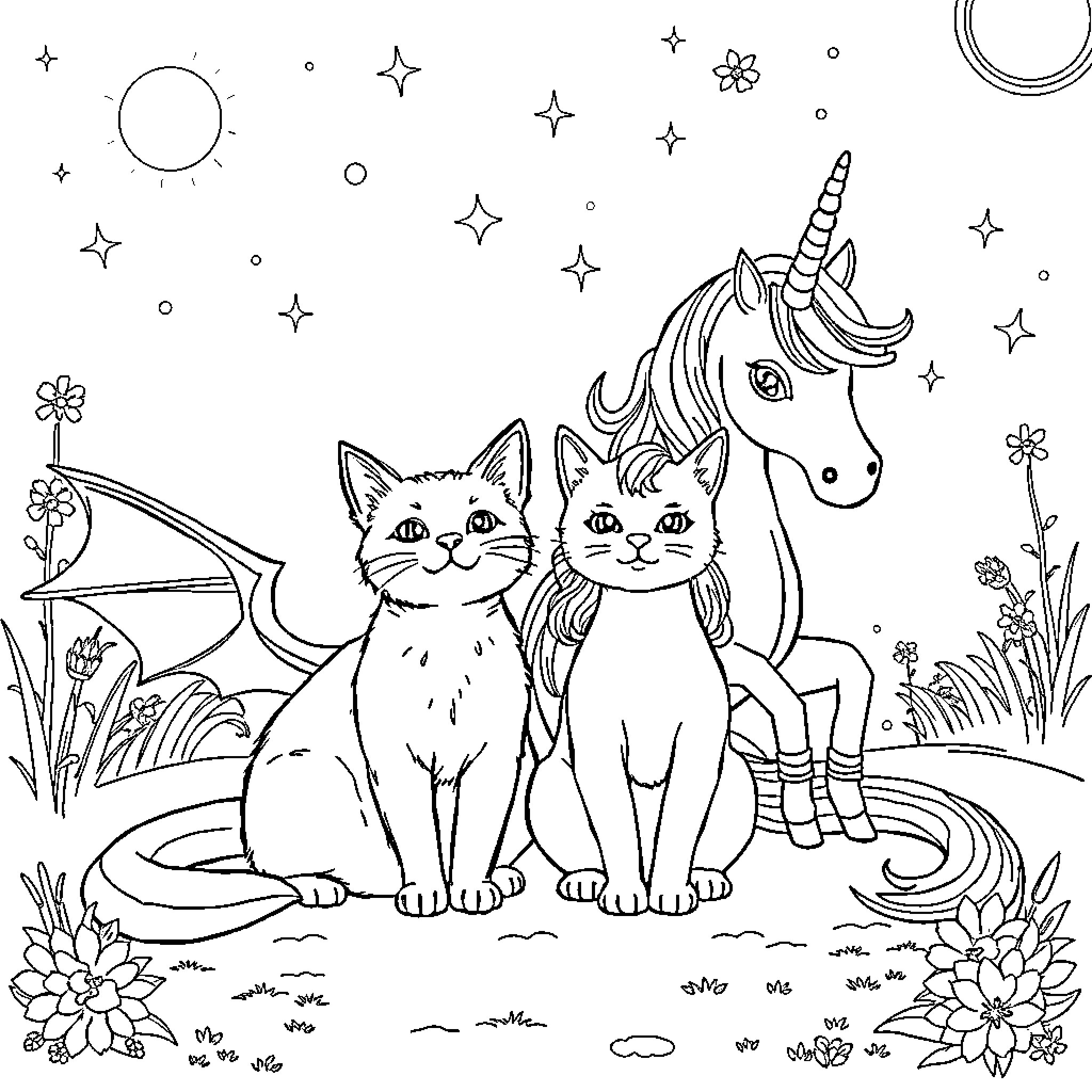 Cat and Unicorn in Magical Landscape Coloring Page (free black-and-white line drawing printable PDF for all, from beginners to advanced learners, including children, teens, adults, and seniors)