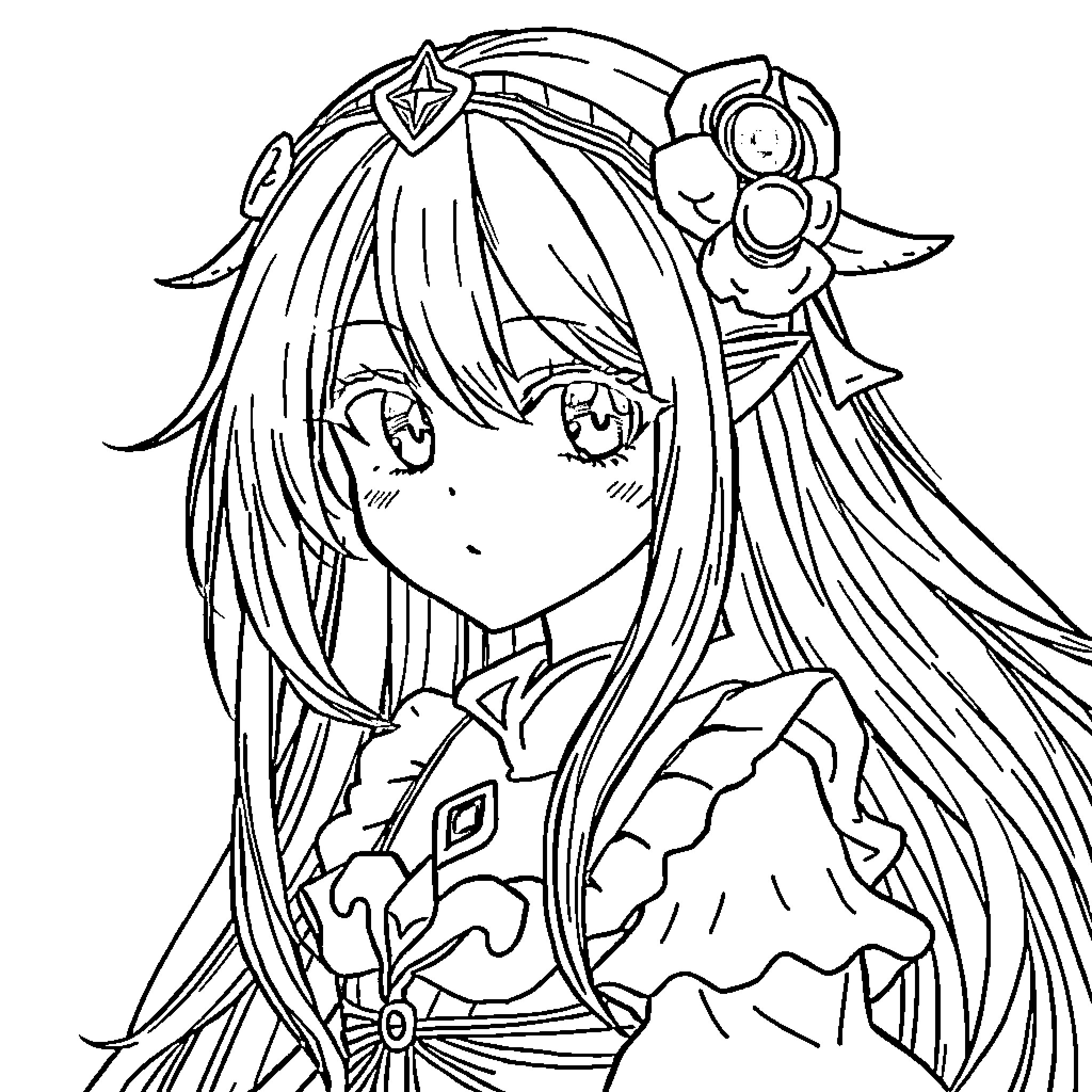 Anime Girl in Ornate Dress with Accessories Coloring Page (free black-and-white line drawing printable PDF for all, from beginners to advanced learners, including children, teens, adults, and seniors)