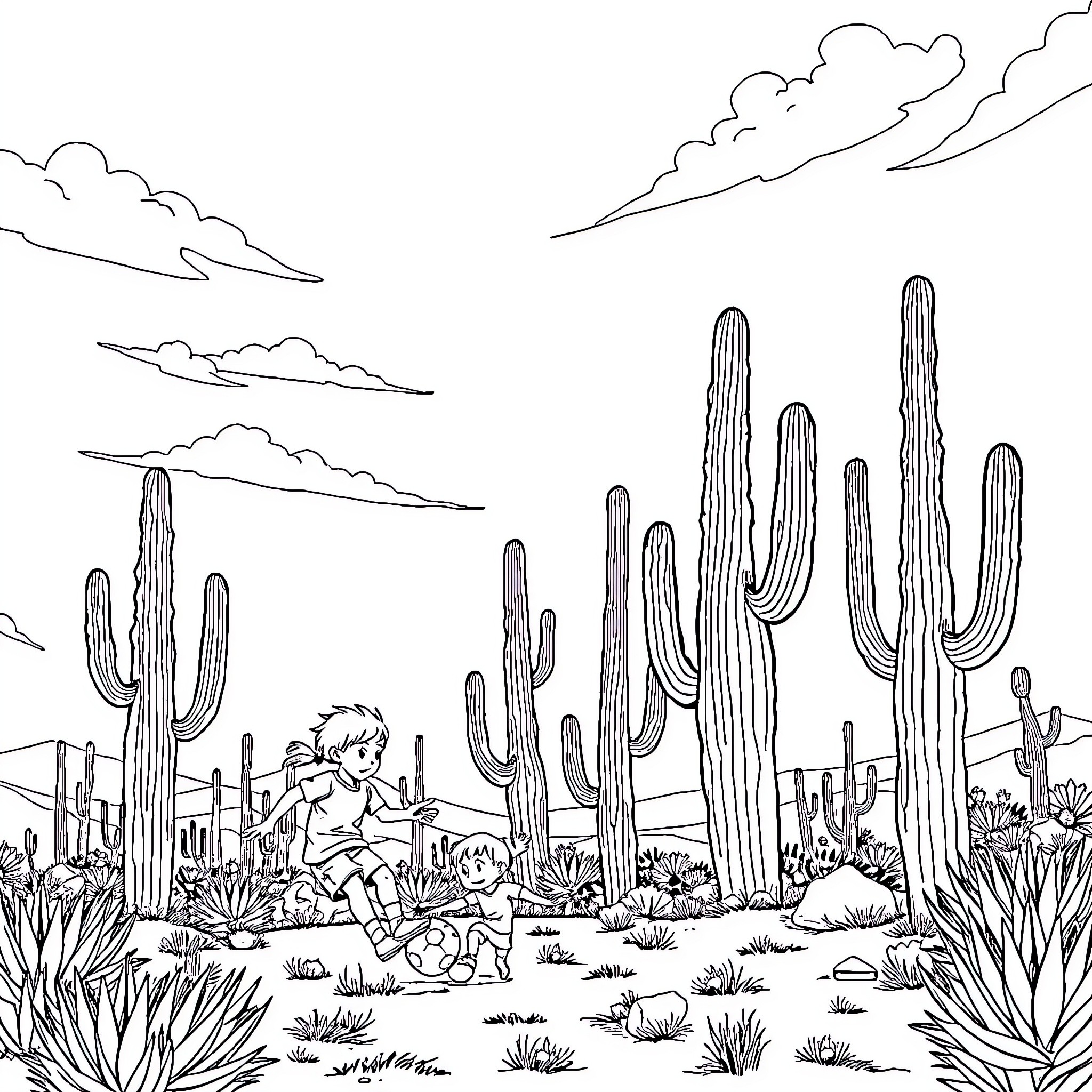 Soccer players exploring desert landscape with cacti Coloring Page (free black-and-white line drawing printable PDF for all, from beginners to advanced learners, including children, teens, adults, and seniors)