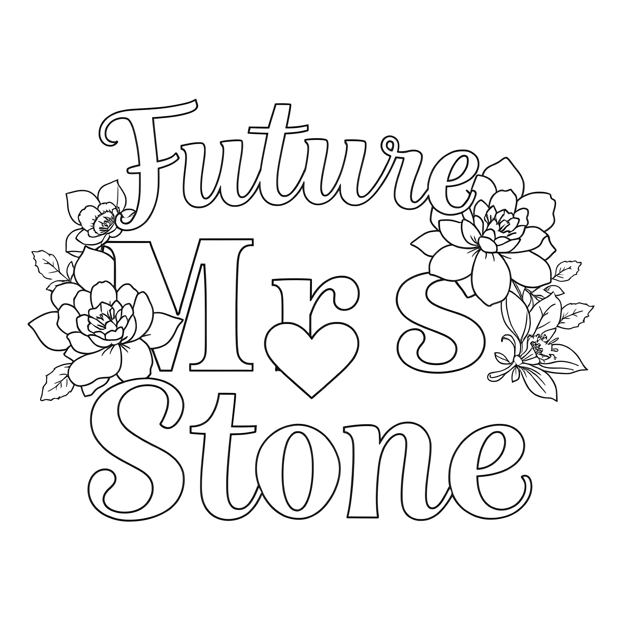 Font display with flowers decorative Coloring Page (free black-and-white line drawing printable PDF for all, from beginners to advanced learners, including children, teens, adults, and seniors)