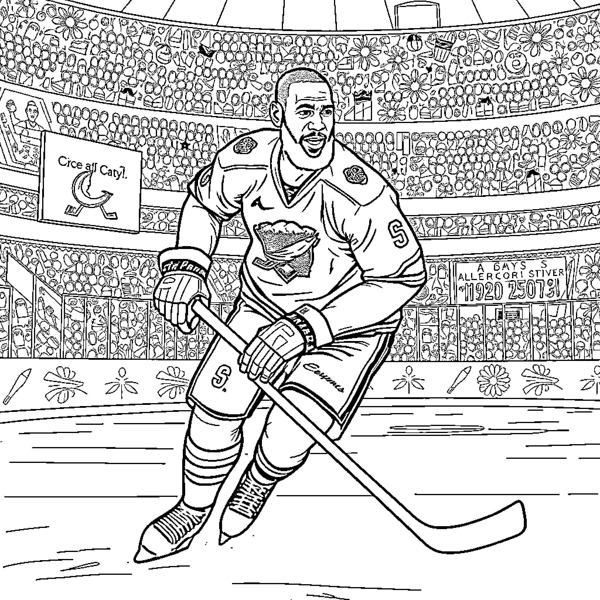LeBron James playing hockey on the ice rink Coloring Page (free black-and-white line drawing printable PDF for all, from beginners to advanced learners, including children, teens, adults, and seniors)