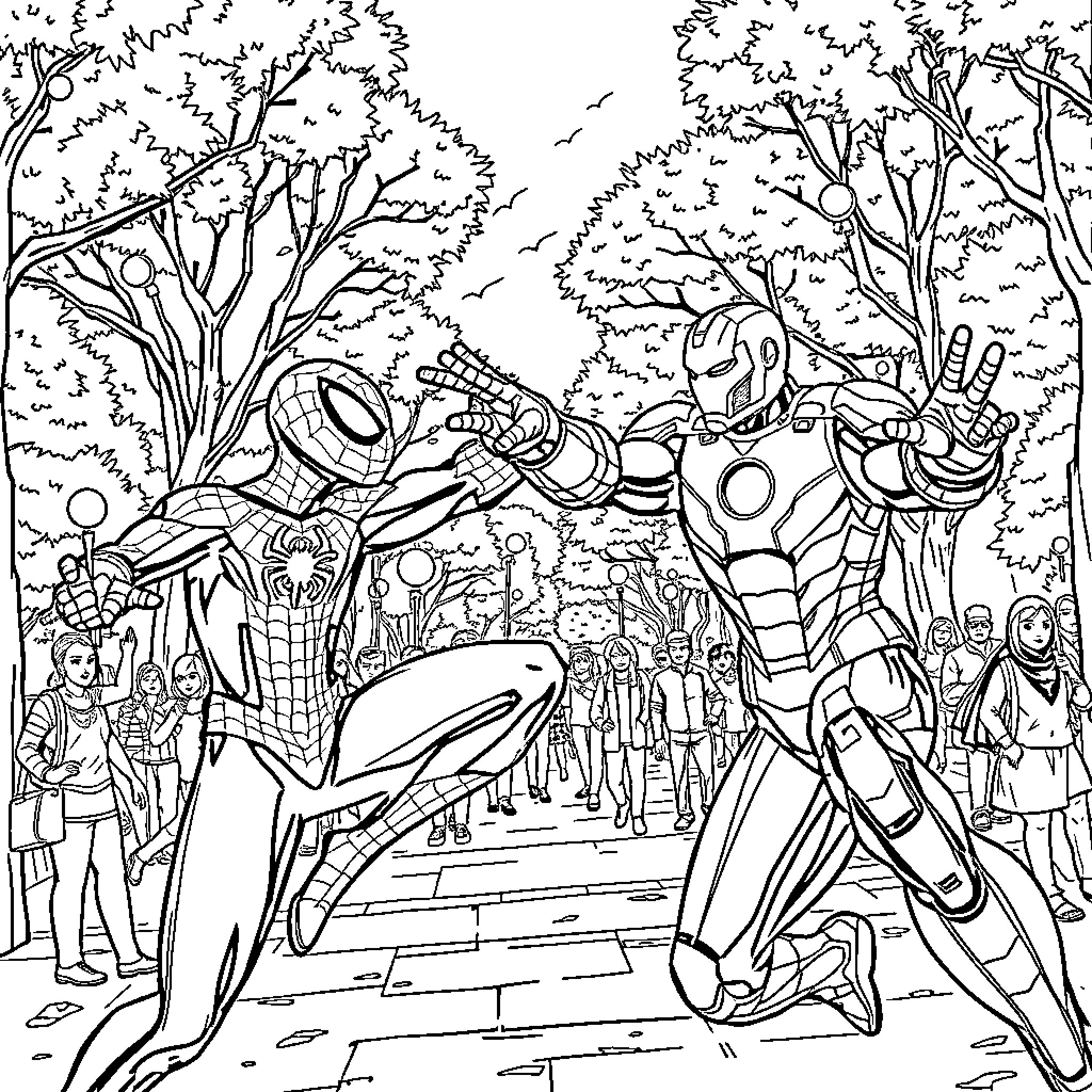 Spider-Man Battles Supervillain in Cityscape Coloring Page (free black-and-white line drawing printable PDF for all, from beginners to advanced learners, including children, teens, adults, and seniors)