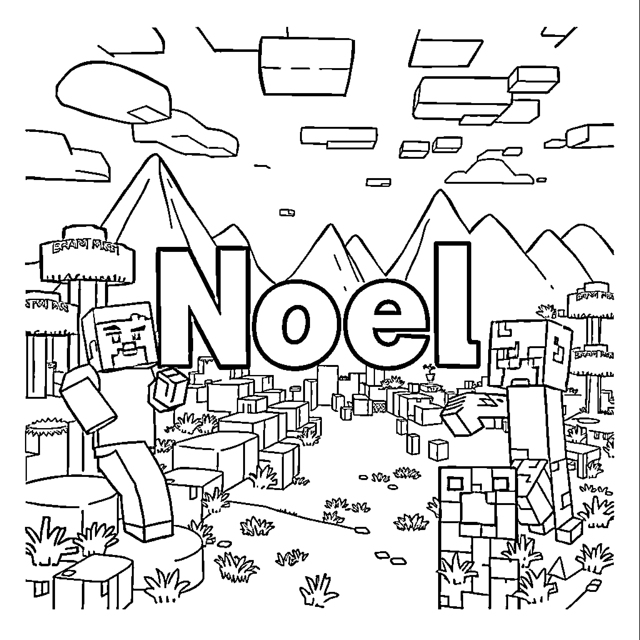 Minecraft Noel Cityscape with Mountains and Landscape Coloring Page (free black-and-white line drawing printable PDF for all, from beginners to advanced learners, including children, teens, adults, and seniors)