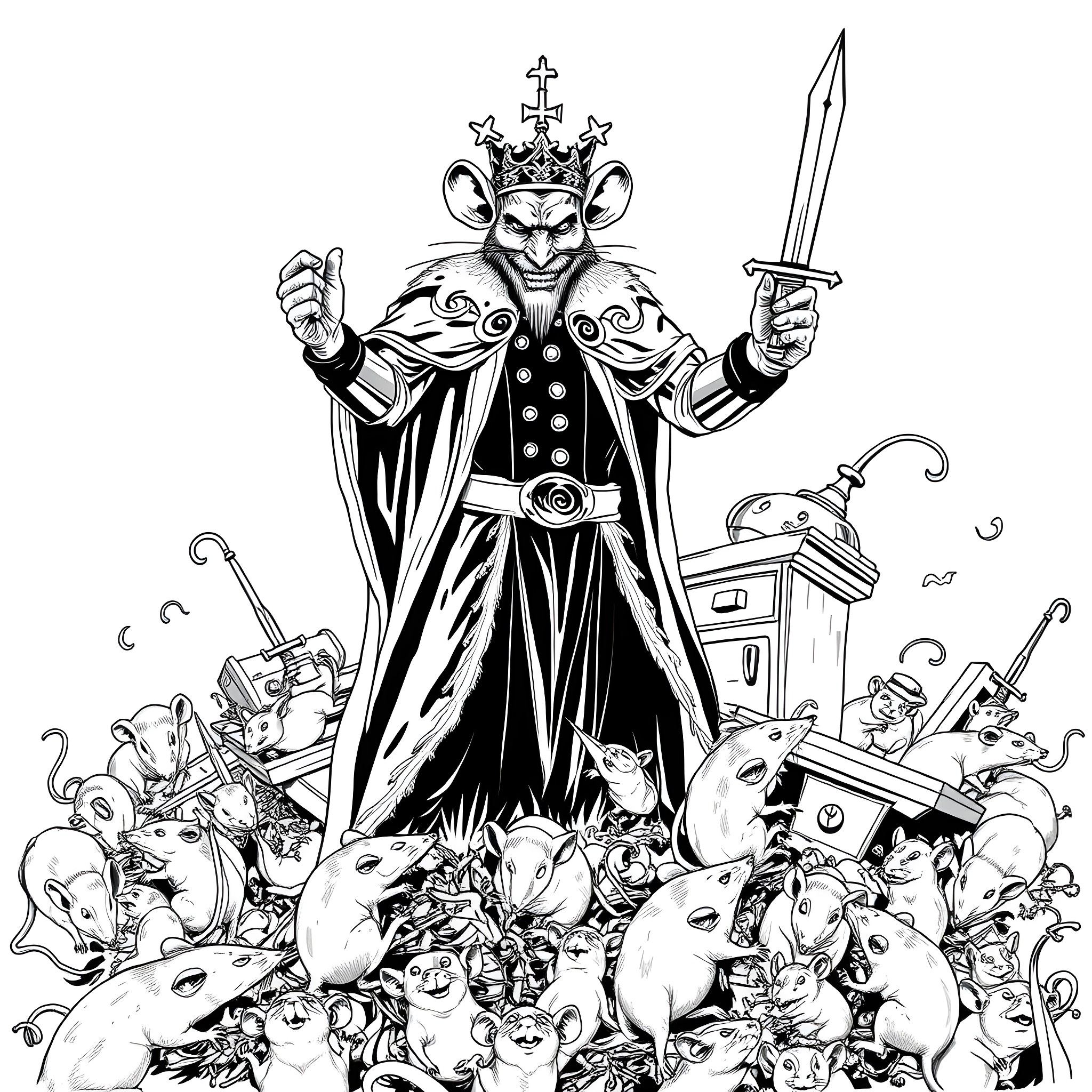 Rat King leading an army of rodents into battle Coloring Page (free black-and-white line drawing printable PDF for all, from beginners to advanced learners, including children, teens, adults, and seniors)
