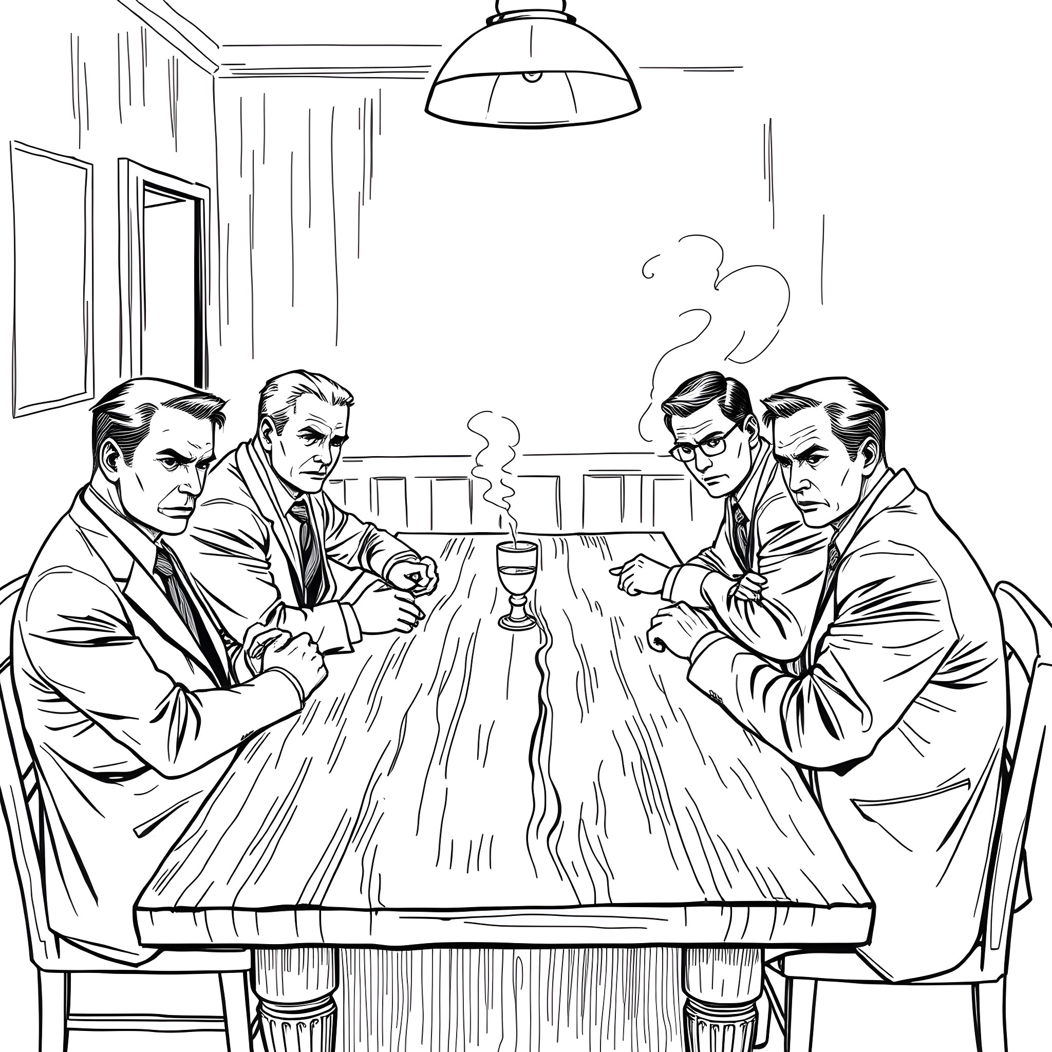 Man discussing business matters around conference table Coloring Page (free black-and-white line drawing printable PDF for all, from beginners to advanced learners, including children, teens, adults, and seniors)
