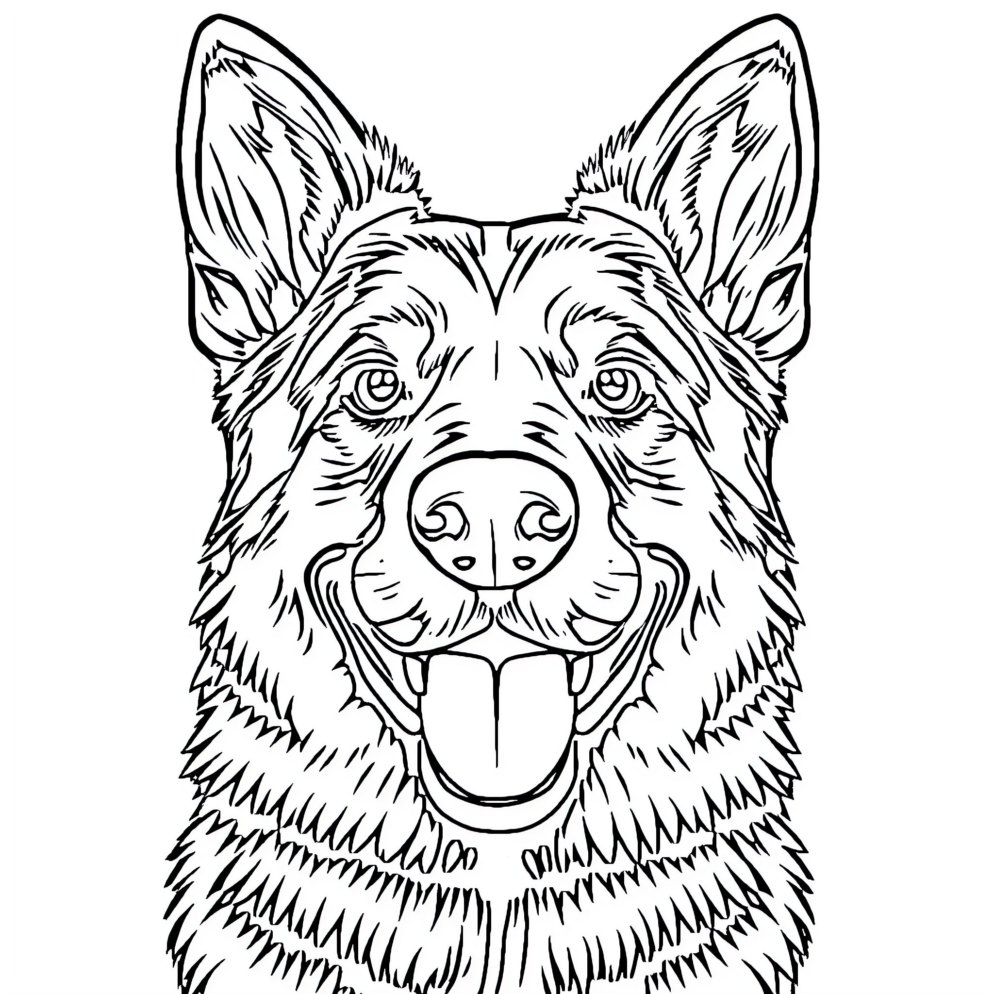 German Shepherd dog with happy expression Coloring Page (free black-and-white line drawing printable PDF for all, from beginners to advanced learners, including children, teens, adults, and seniors)
