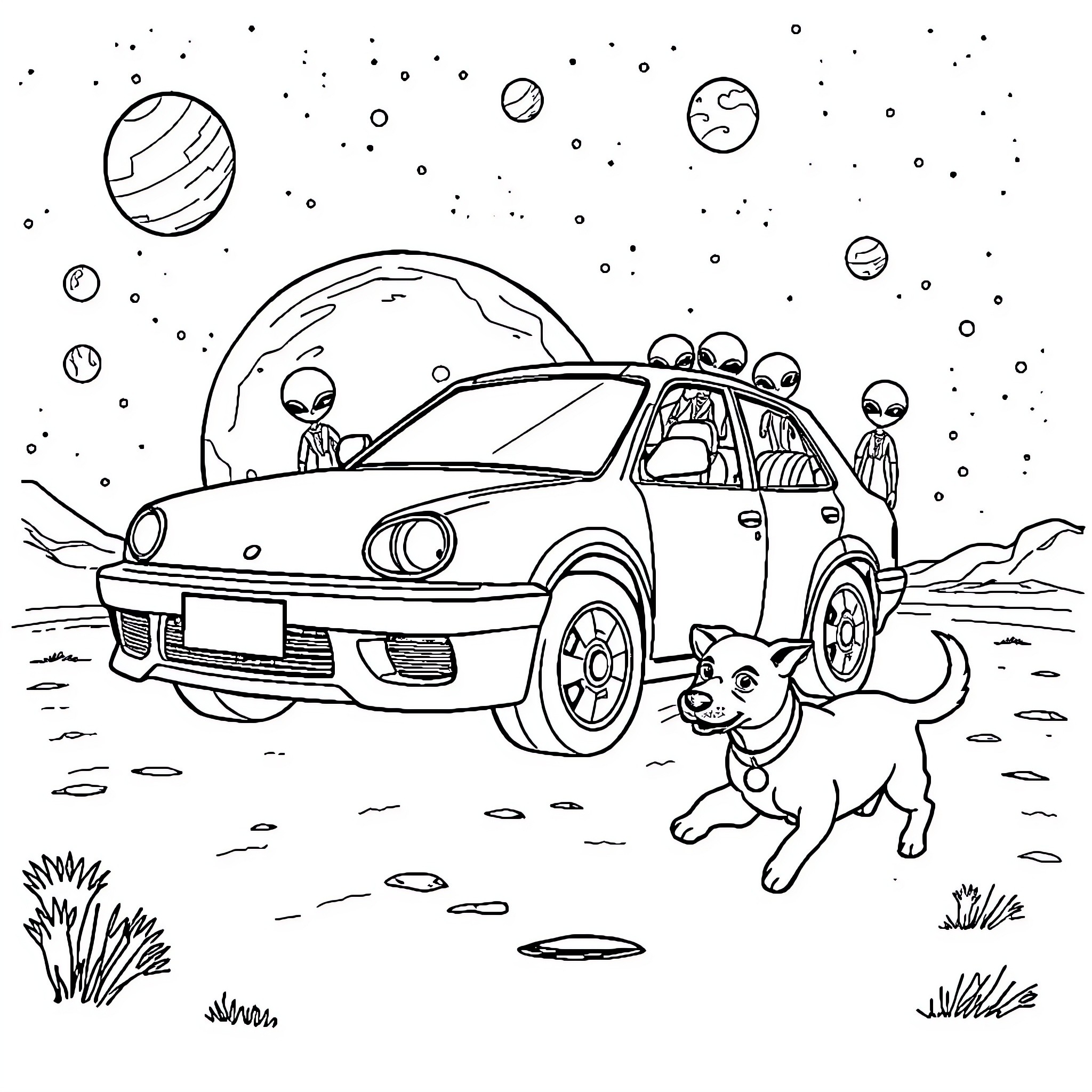 Alien family exploring the cosmos in their intergalactic vehicle Coloring Page (free black-and-white line drawing printable PDF for all, from beginners to advanced learners, including children, teens, adults, and seniors)